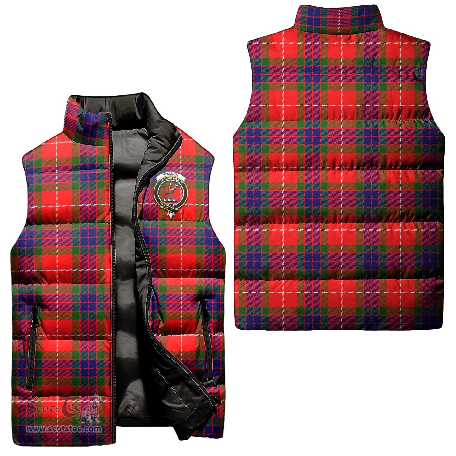 Scottish Fraser Modern Clan Tartan Puffer Vest, Family Crest Plaid Sleeveless Down Jacket Scottish Plaid Tartan Plaid - ScotsTee - scotstee.com