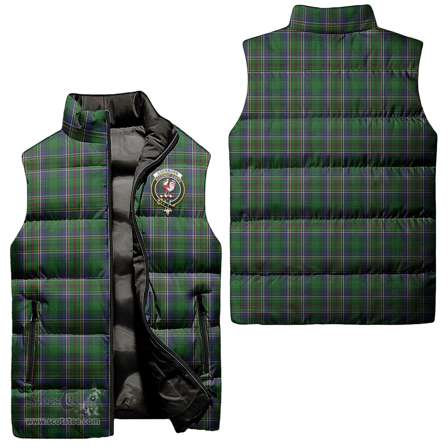 Scottish Cockburn Clan Tartan Puffer Vest, Family Crest Plaid Sleeveless Down Jacket Scottish Plaid Tartan Plaid - ScotsTee - scotstee.com