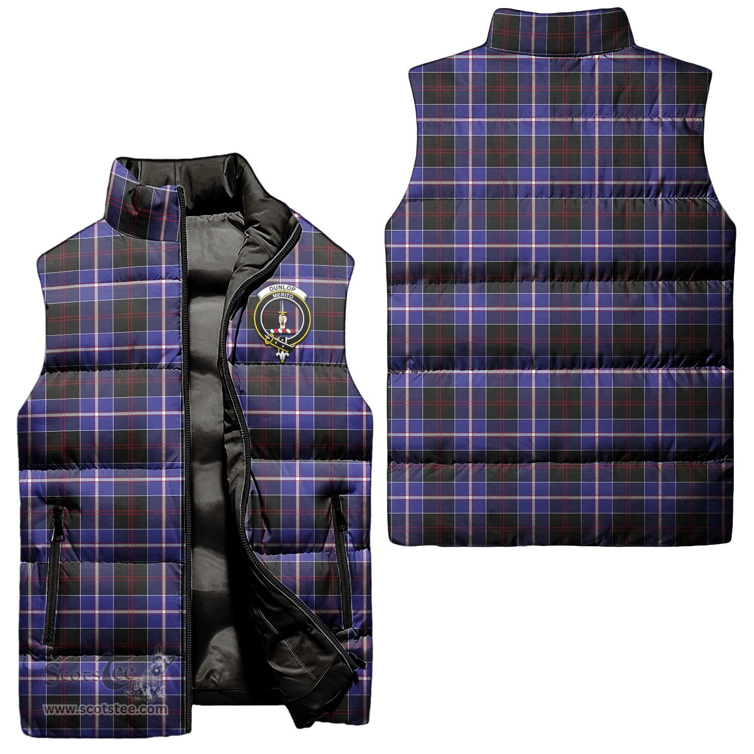 Scottish Dunlop Modern Clan Tartan Puffer Vest, Family Crest Plaid Sleeveless Down Jacket Scottish Plaid Tartan Plaid - ScotsTee - scotstee.com