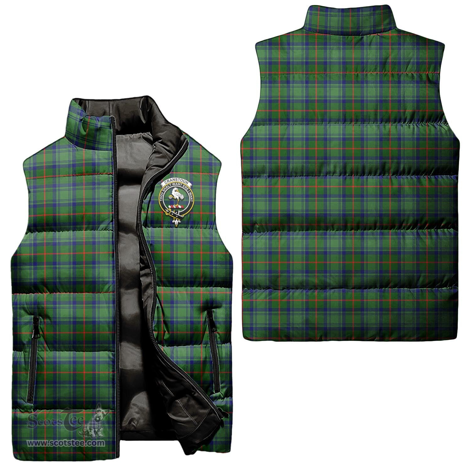 Scottish Cranstoun Clan Tartan Puffer Vest, Family Crest Plaid Sleeveless Down Jacket Scottish Plaid Tartan Plaid - ScotsTee - scotstee.com
