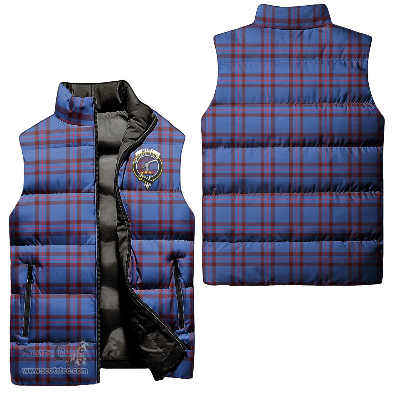 Scottish Elliot Modern Clan Tartan Puffer Vest, Family Crest Plaid Sleeveless Down Jacket Scottish Plaid Tartan Plaid - ScotsTee - scotstee.com