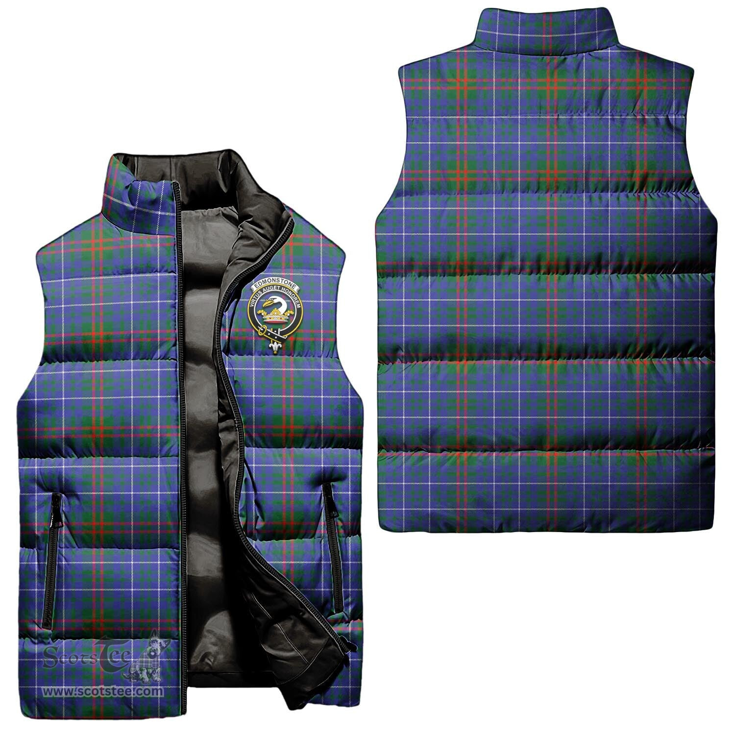 Scottish Edmonstone Clan Tartan Puffer Vest, Family Crest Plaid Sleeveless Down Jacket Scottish Plaid Tartan Plaid - ScotsTee - scotstee.com