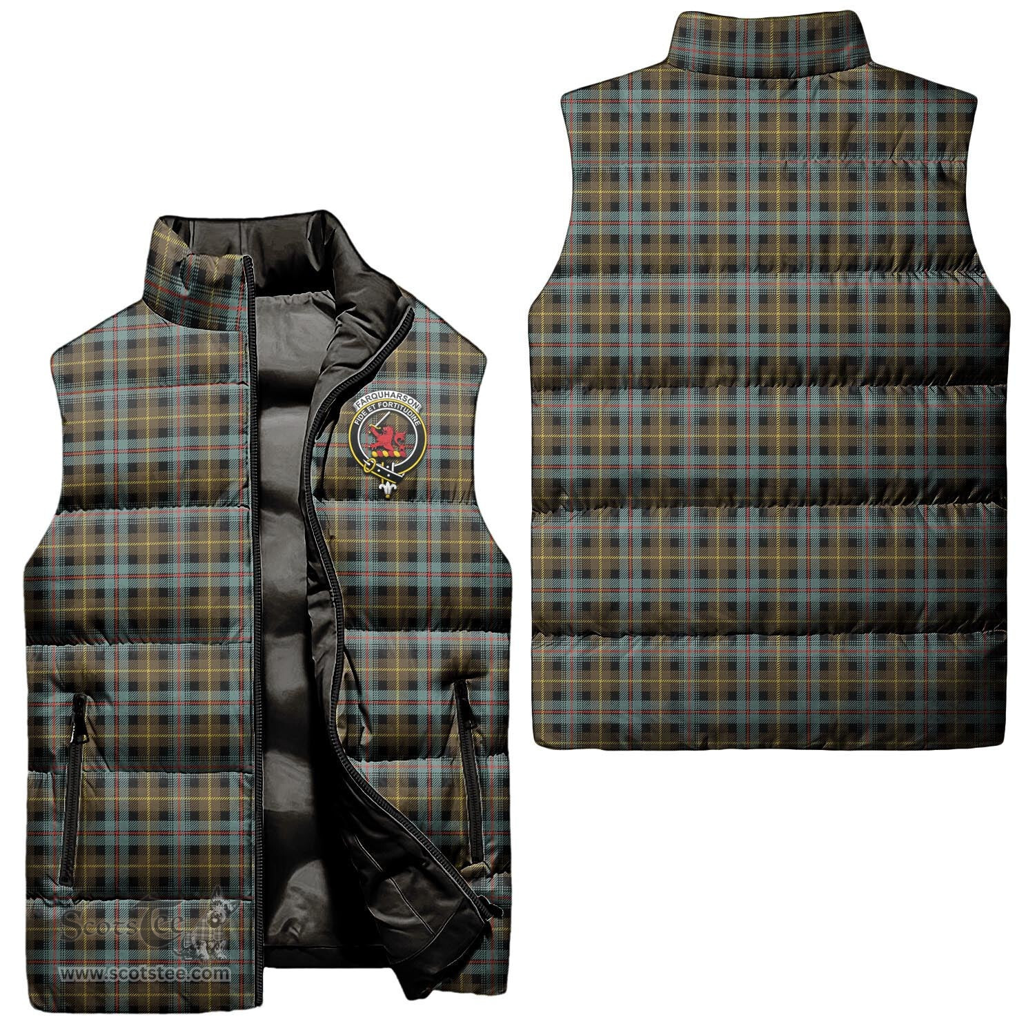 Scottish Farquharson Weathered Clan Tartan Puffer Vest, Family Crest Plaid Sleeveless Down Jacket Scottish Plaid Tartan Plaid - ScotsTee - scotstee.com