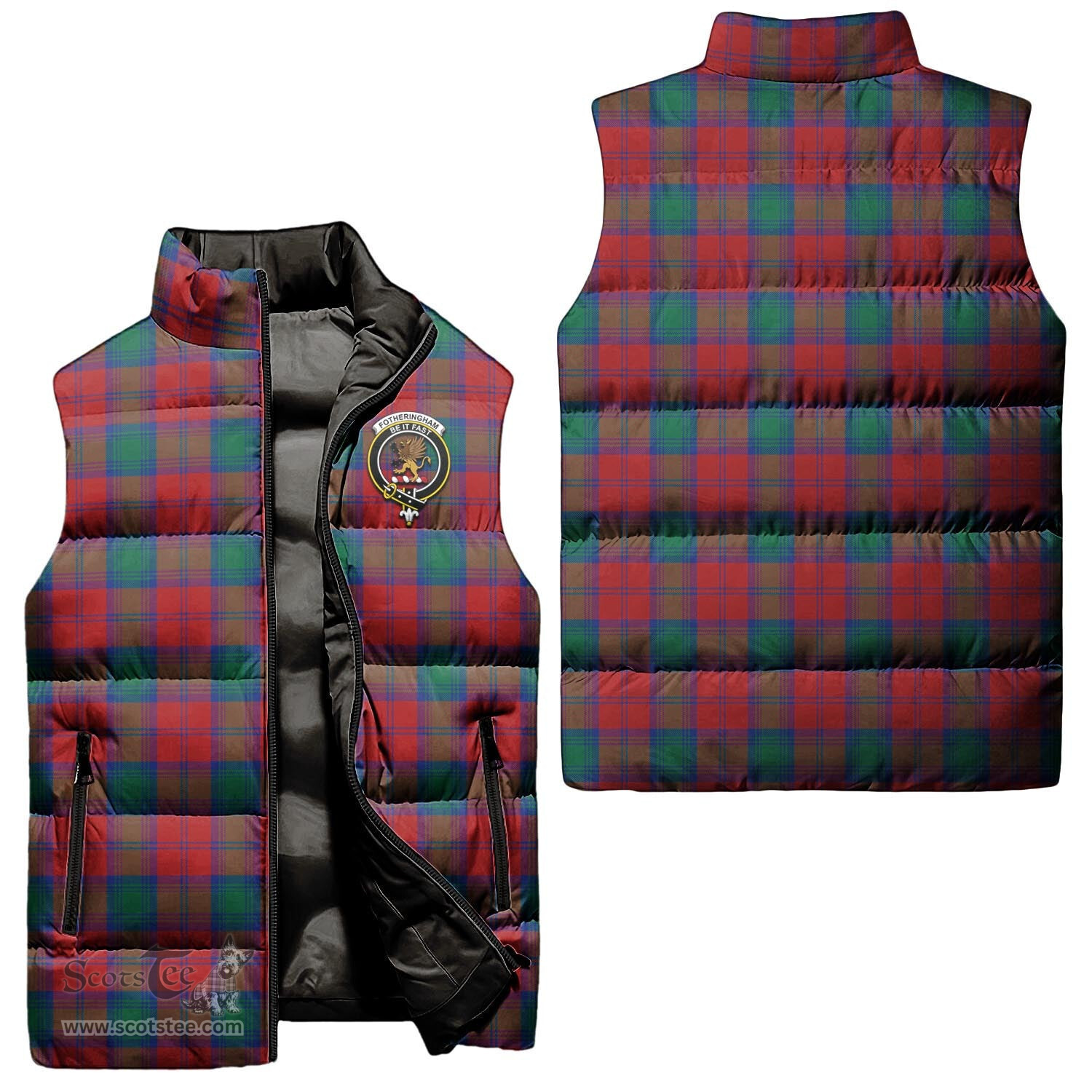 Scottish Fotheringham Modern Clan Tartan Puffer Vest, Family Crest Plaid Sleeveless Down Jacket Scottish Plaid Tartan Plaid - ScotsTee - scotstee.com
