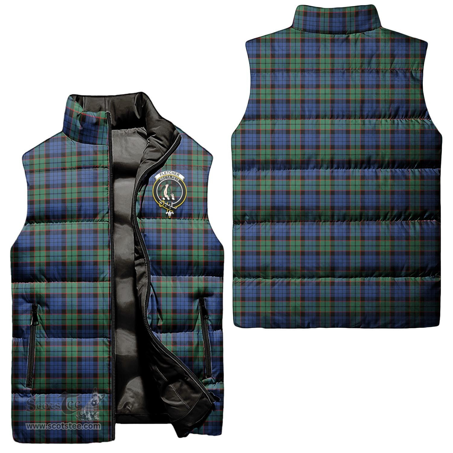 Scottish Fletcher Ancient Clan Tartan Puffer Vest, Family Crest Plaid Sleeveless Down Jacket Scottish Plaid Tartan Plaid - ScotsTee - scotstee.com