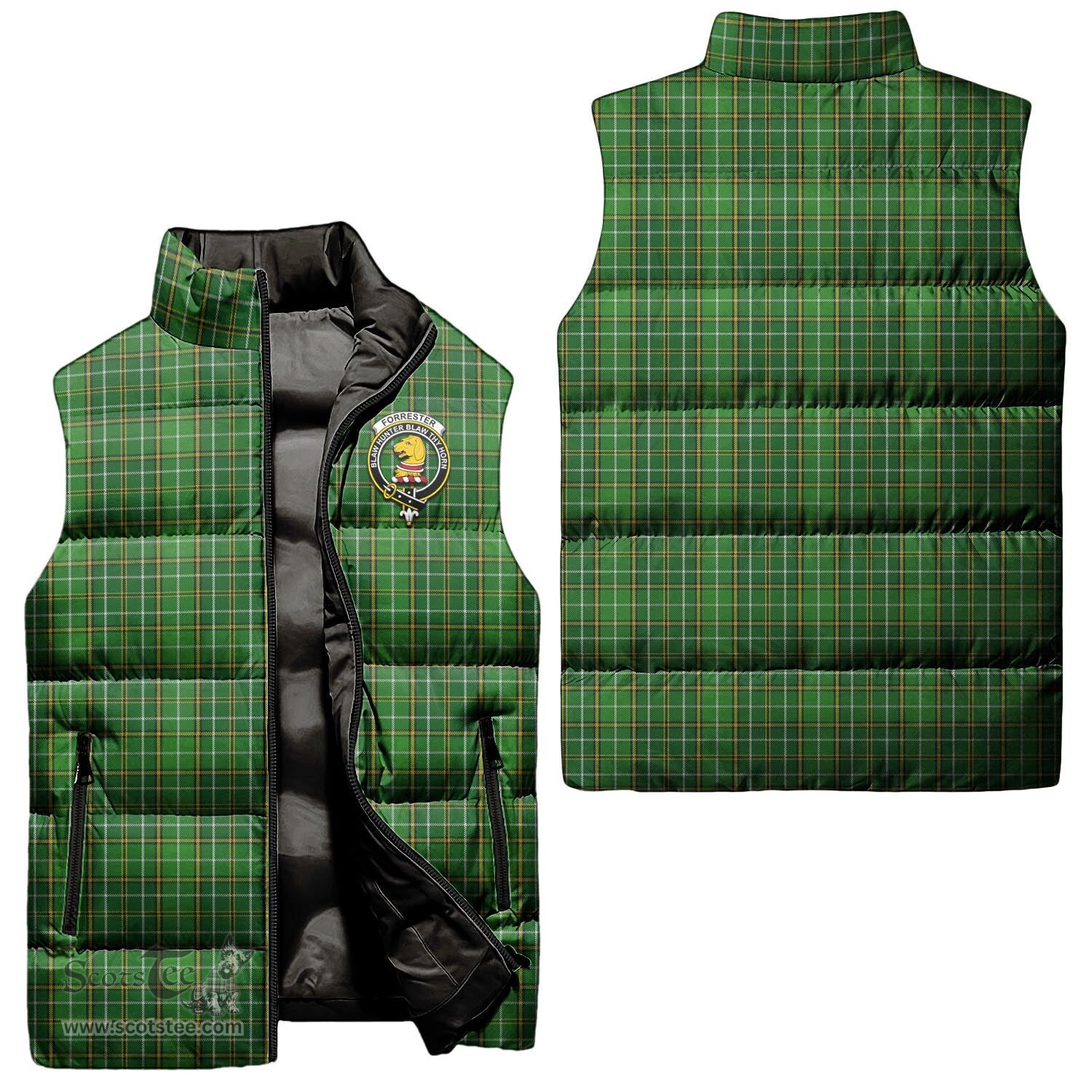 Scottish Forrester or Foster Hunting Clan Tartan Puffer Vest, Family Crest Plaid Sleeveless Down Jacket Scottish Plaid Tartan Plaid - ScotsTee - scotstee.com