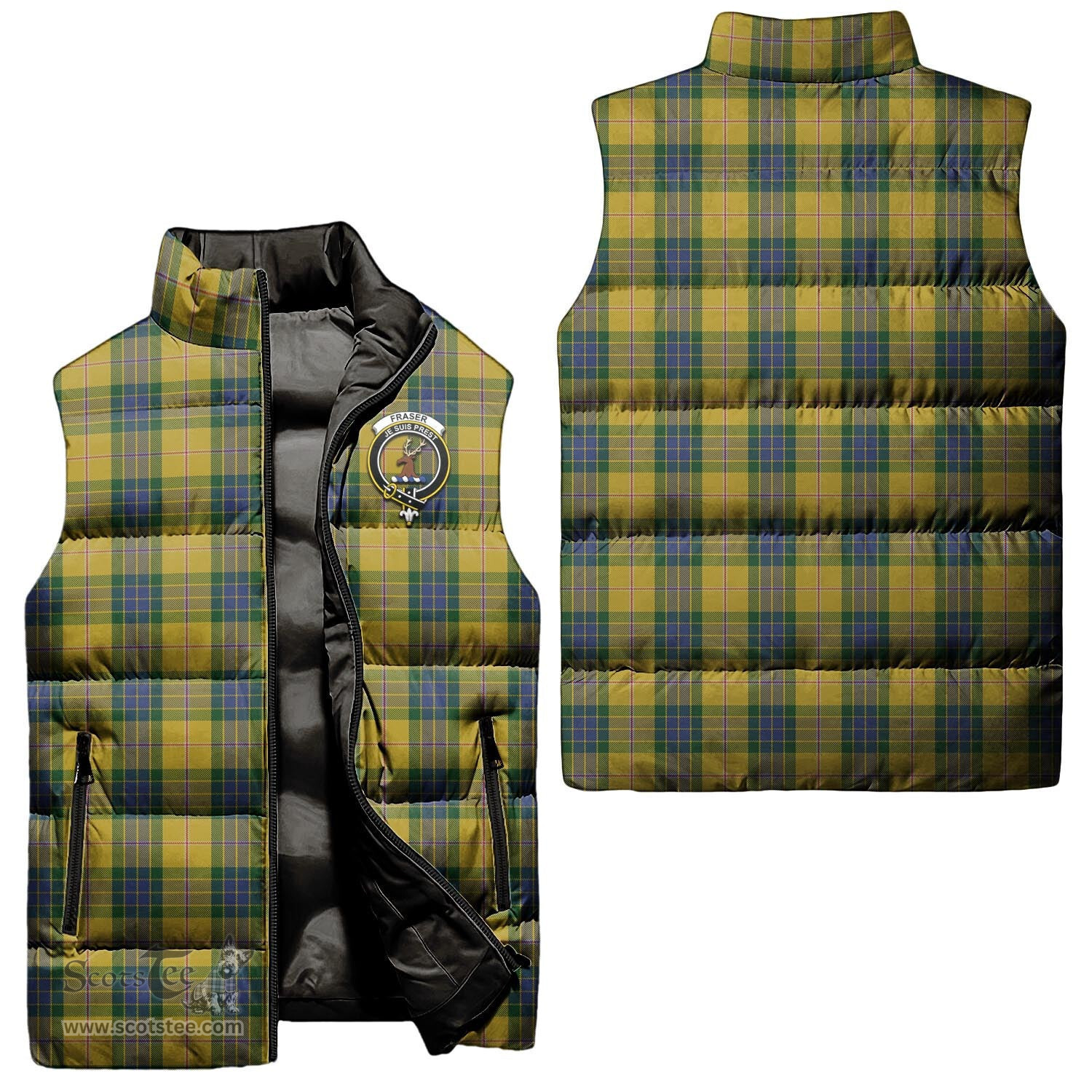 Scottish Fraser Yellow Clan Tartan Puffer Vest, Family Crest Plaid Sleeveless Down Jacket Scottish Plaid Tartan Plaid - ScotsTee - scotstee.com