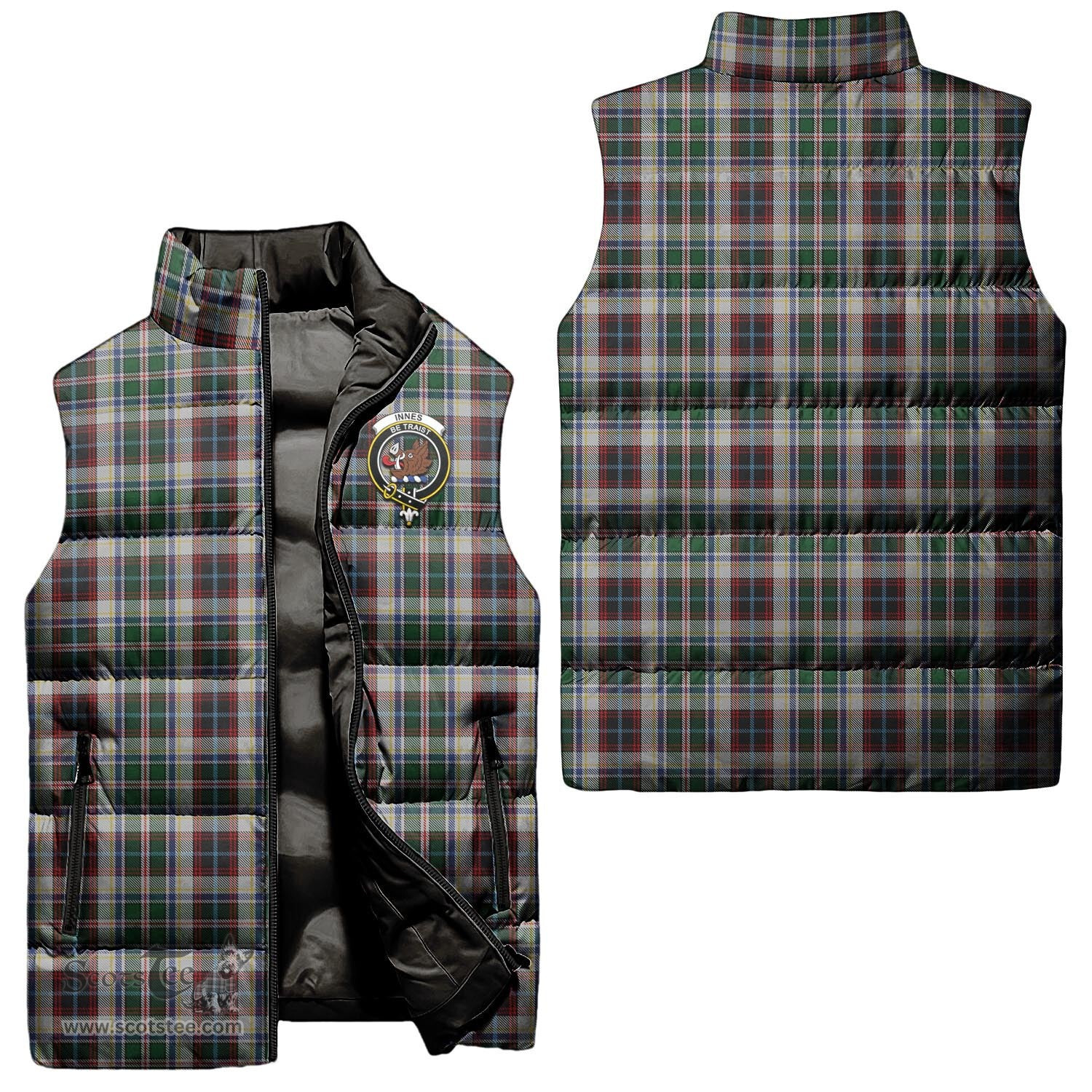 Scottish Innes Dress Clan Tartan Puffer Vest, Family Crest Plaid Sleeveless Down Jacket Scottish Plaid Tartan Plaid - ScotsTee - scotstee.com