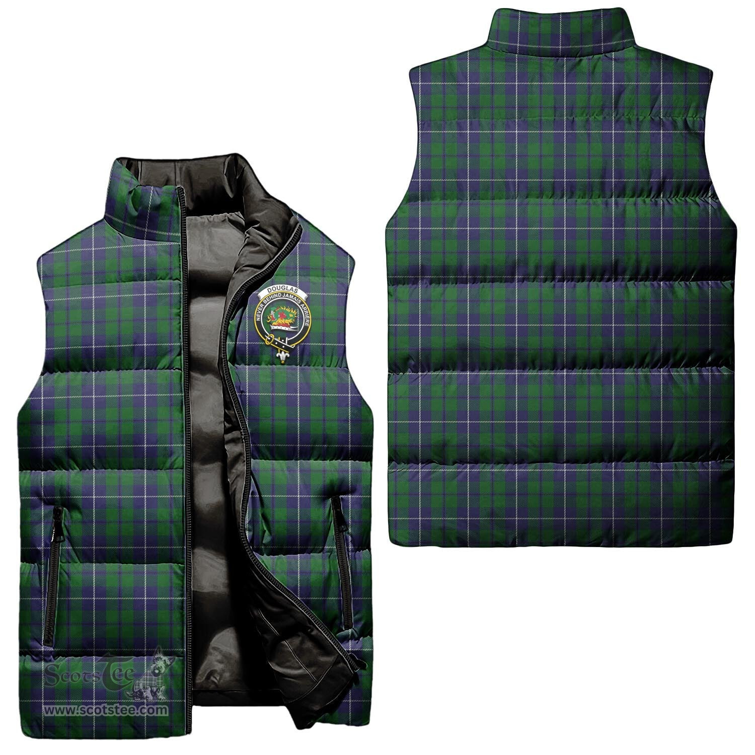 Scottish Douglas Green Clan Tartan Puffer Vest, Family Crest Plaid Sleeveless Down Jacket Scottish Plaid Tartan Plaid - ScotsTee - scotstee.com