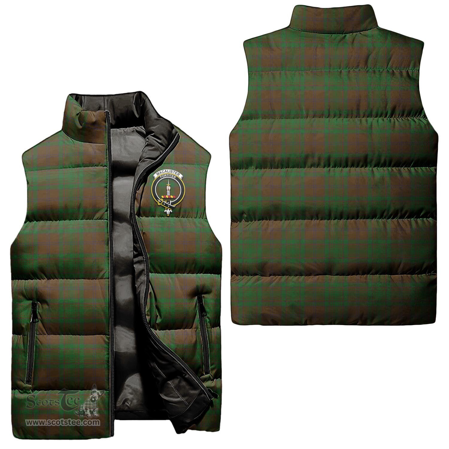 Scottish MacAlister of Glenbarr Hunting Clan Tartan Puffer Vest, Family Crest Plaid Sleeveless Down Jacket Scottish Plaid Tartan Plaid - ScotsTee - scotstee.com