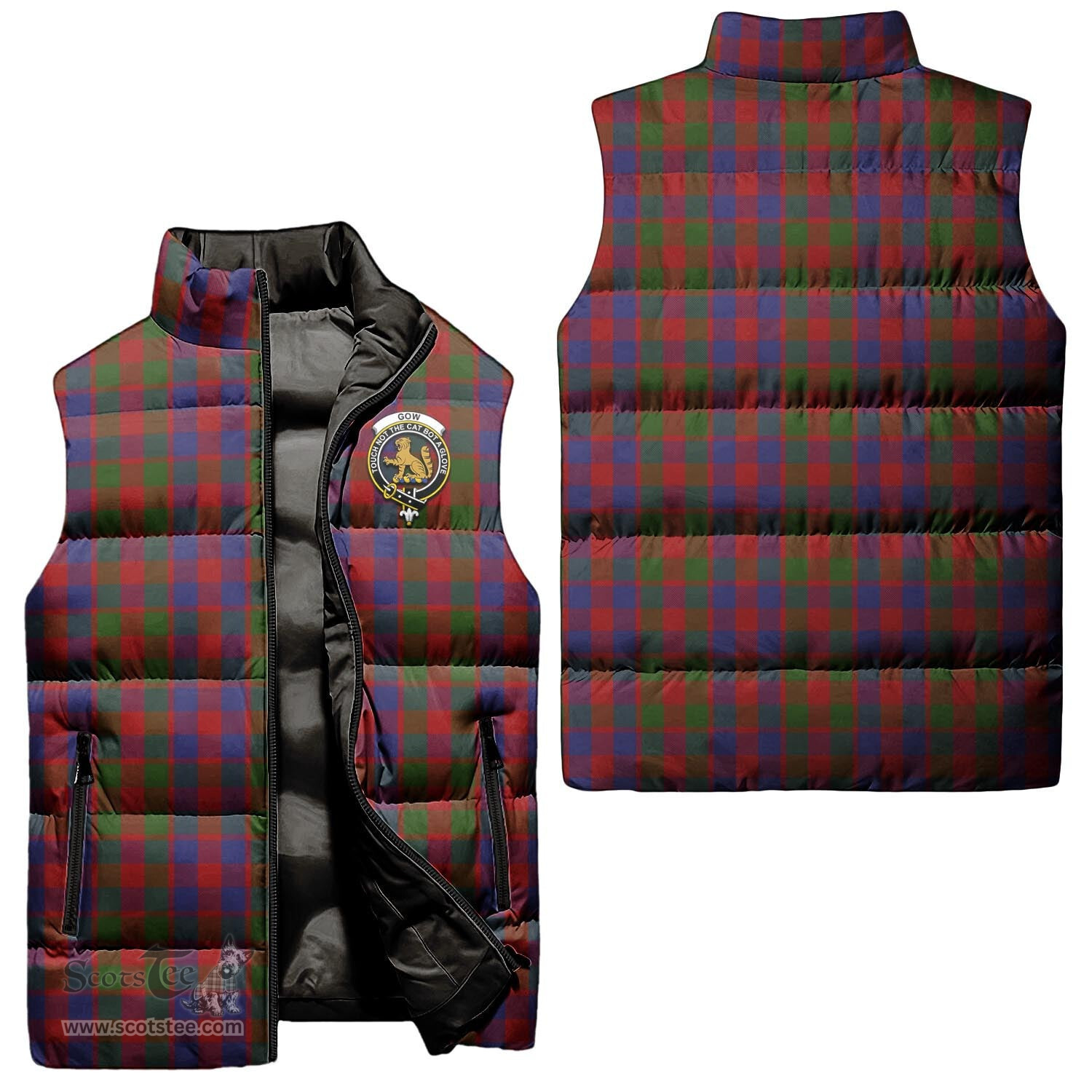 Scottish Gow Clan Tartan Puffer Vest, Family Crest Plaid Sleeveless Down Jacket Scottish Plaid Tartan Plaid - ScotsTee - scotstee.com