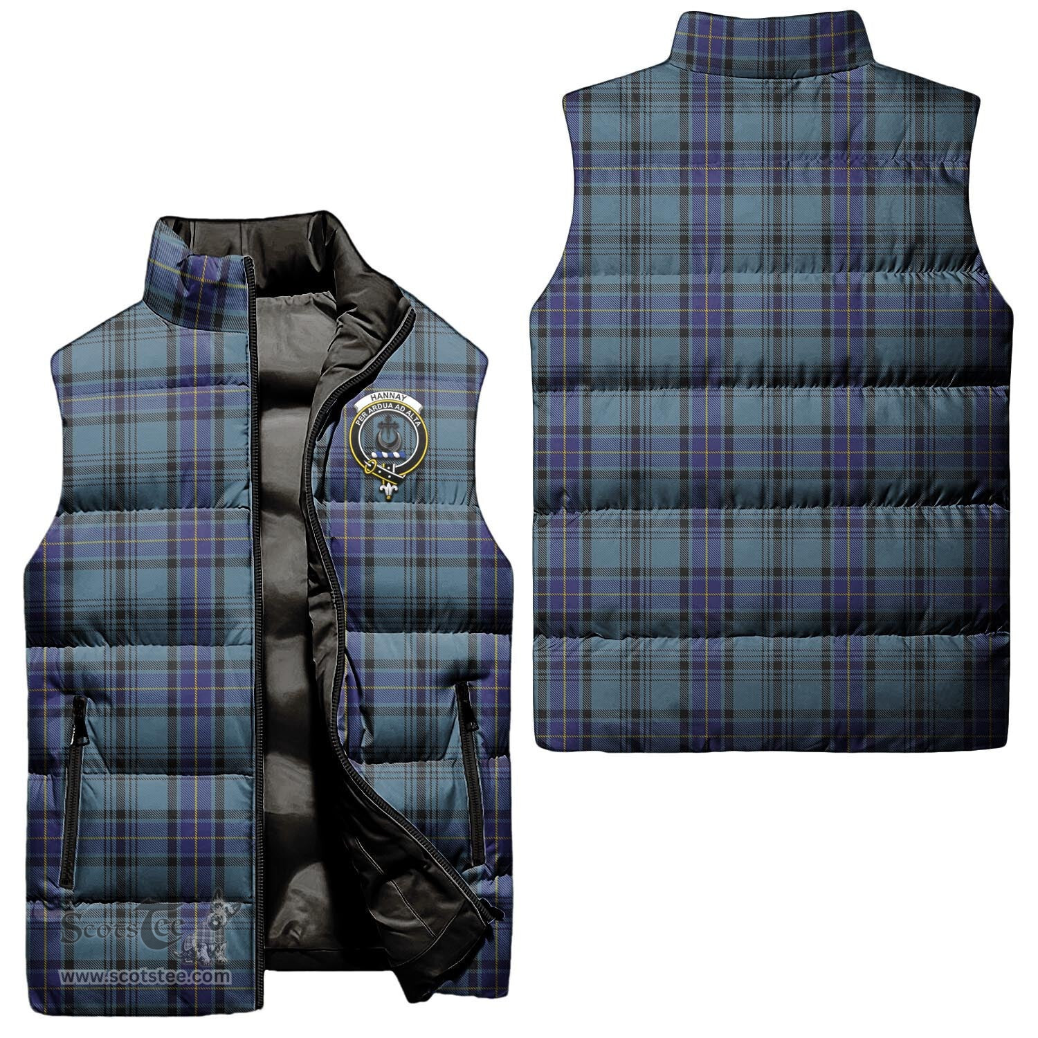 Scottish Hannay Blue Clan Tartan Puffer Vest, Family Crest Plaid Sleeveless Down Jacket Scottish Plaid Tartan Plaid - ScotsTee - scotstee.com