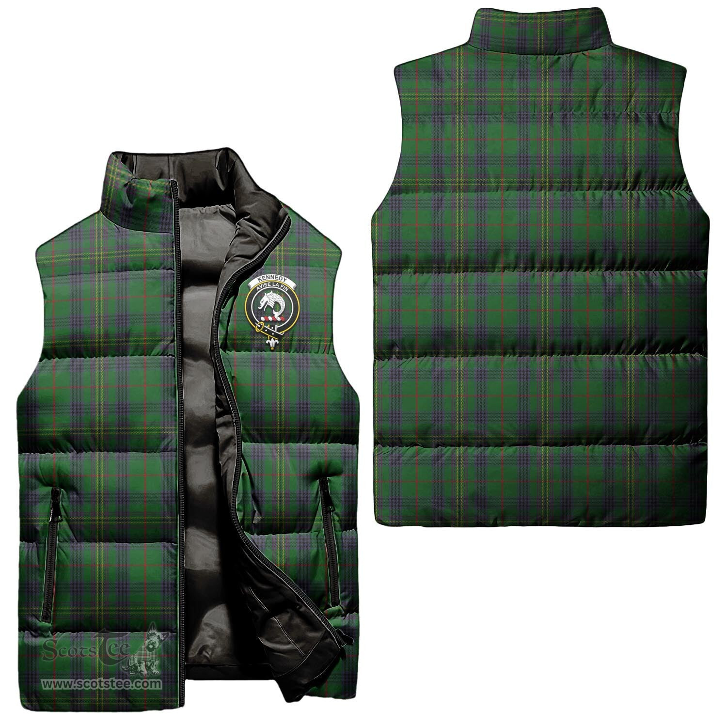 Scottish Kennedy Clan Tartan Puffer Vest, Family Crest Plaid Sleeveless Down Jacket Scottish Plaid Tartan Plaid - ScotsTee - scotstee.com