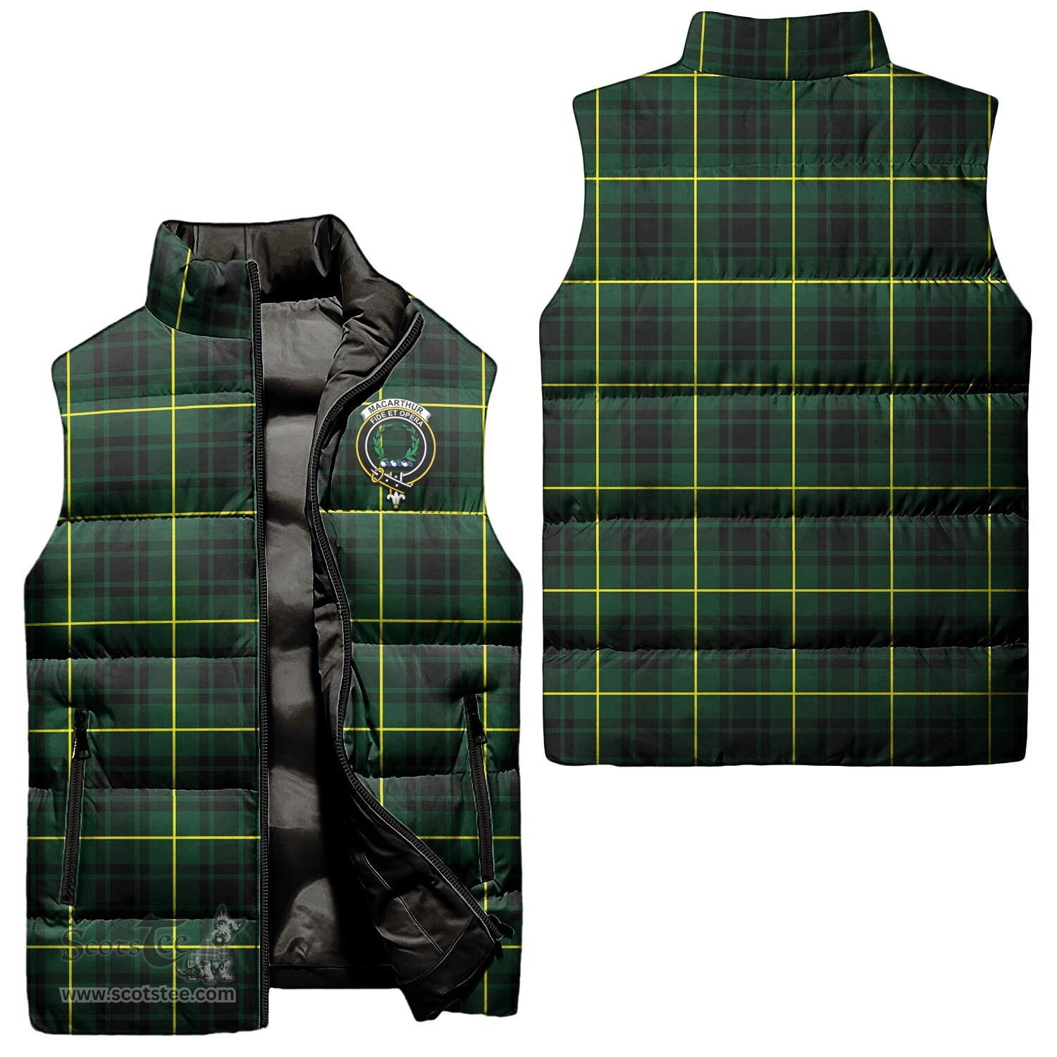 Scottish MacArthur Modern Clan Tartan Puffer Vest, Family Crest Plaid Sleeveless Down Jacket Scottish Plaid Tartan Plaid - ScotsTee - scotstee.com