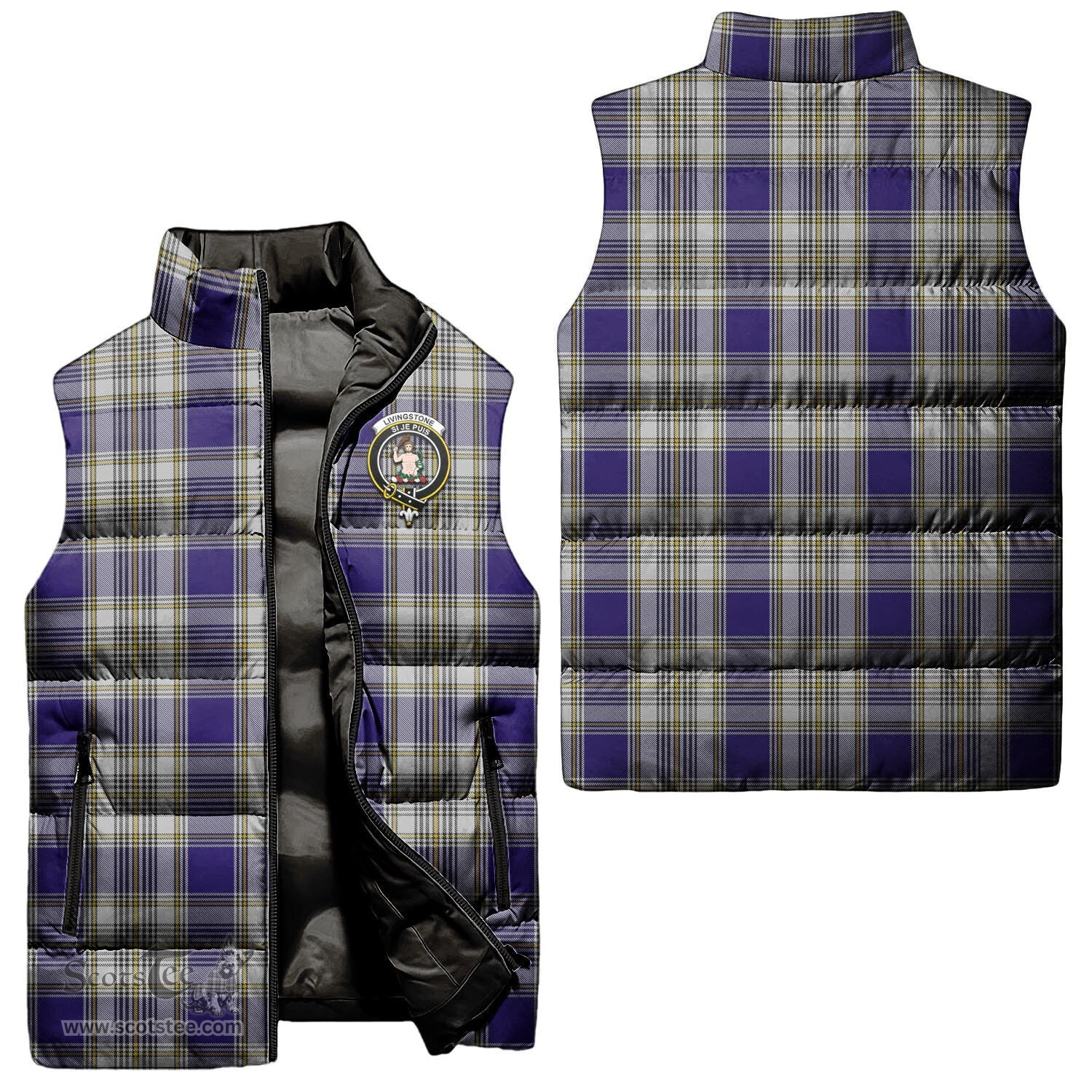 Scottish Livingston Dress Clan Tartan Puffer Vest, Family Crest Plaid Sleeveless Down Jacket Scottish Plaid Tartan Plaid - ScotsTee - scotstee.com