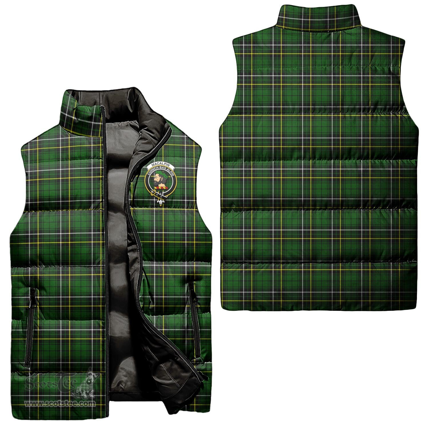 Scottish MacAlpin Modern Clan Tartan Puffer Vest, Family Crest Plaid Sleeveless Down Jacket Scottish Plaid Tartan Plaid - ScotsTee - scotstee.com