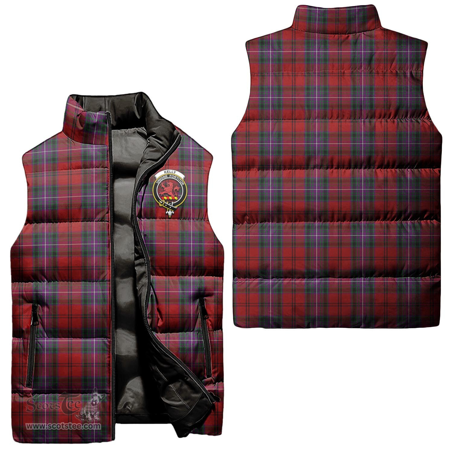 Scottish Kelly of Sleat Red Clan Tartan Puffer Vest, Family Crest Plaid Sleeveless Down Jacket Scottish Plaid Tartan Plaid - ScotsTee - scotstee.com