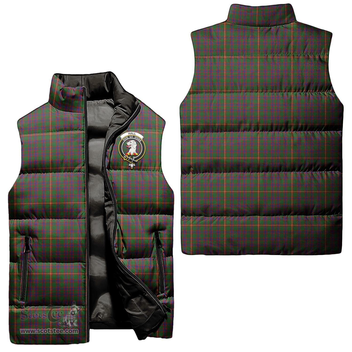 Scottish Hall Clan Tartan Puffer Vest, Family Crest Plaid Sleeveless Down Jacket Scottish Plaid Tartan Plaid - ScotsTee - scotstee.com