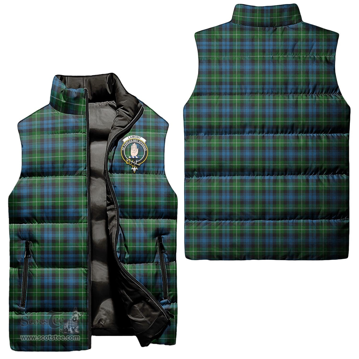 Scottish Lamont Clan Tartan Puffer Vest, Family Crest Plaid Sleeveless Down Jacket Scottish Plaid Tartan Plaid - ScotsTee - scotstee.com