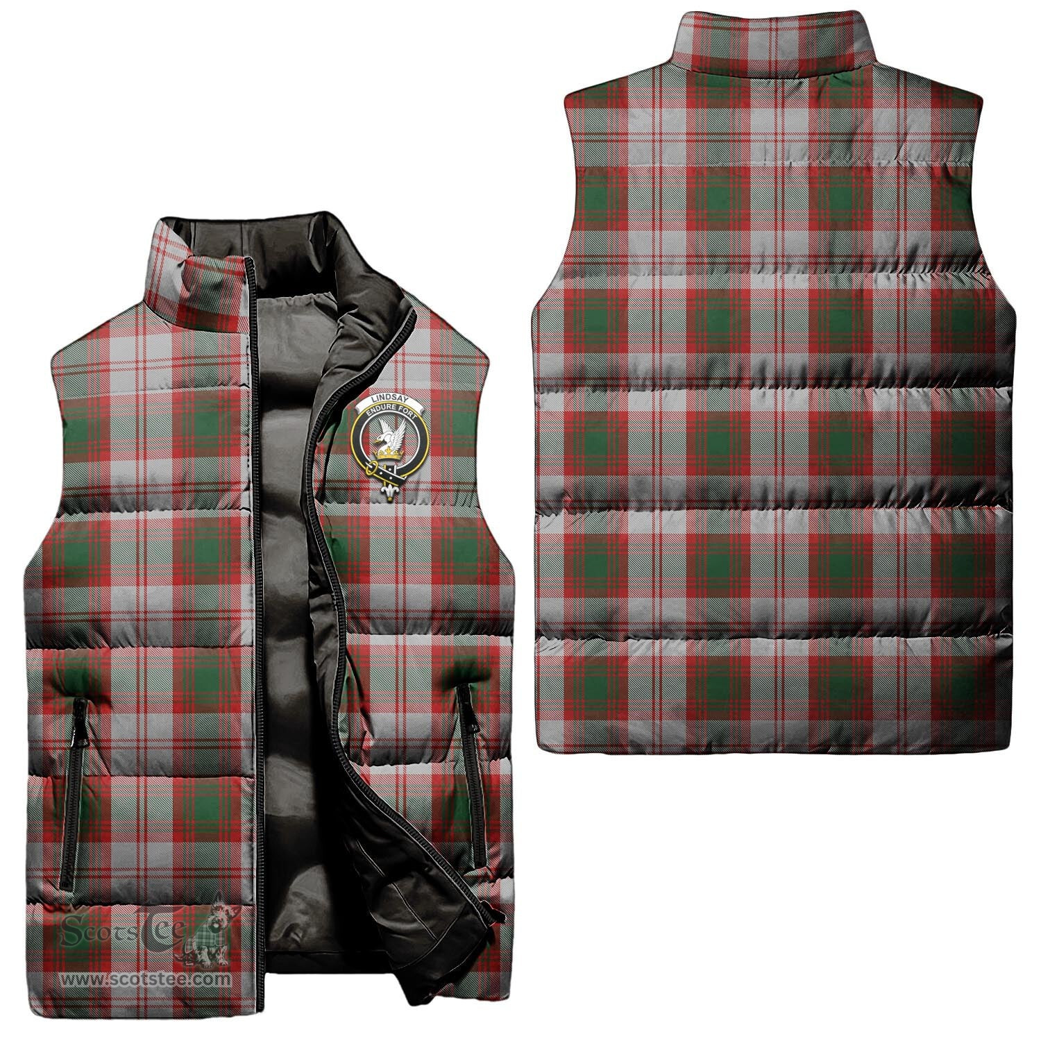 Scottish Lindsay Dress Red Clan Tartan Puffer Vest, Family Crest Plaid Sleeveless Down Jacket Scottish Plaid Tartan Plaid - ScotsTee - scotstee.com
