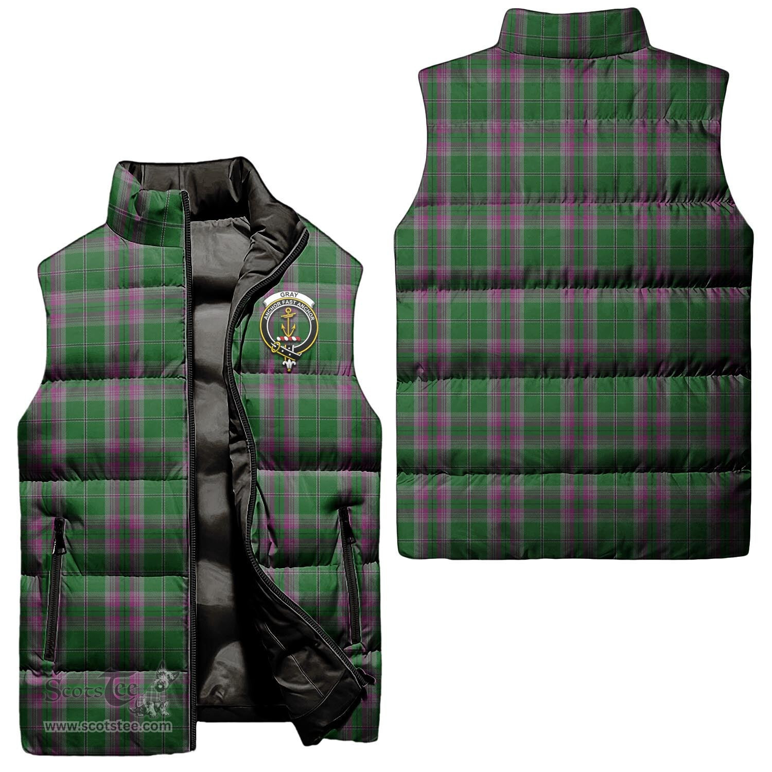 Scottish Gray Hunting Clan Tartan Puffer Vest, Family Crest Plaid Sleeveless Down Jacket Scottish Plaid Tartan Plaid - ScotsTee - scotstee.com