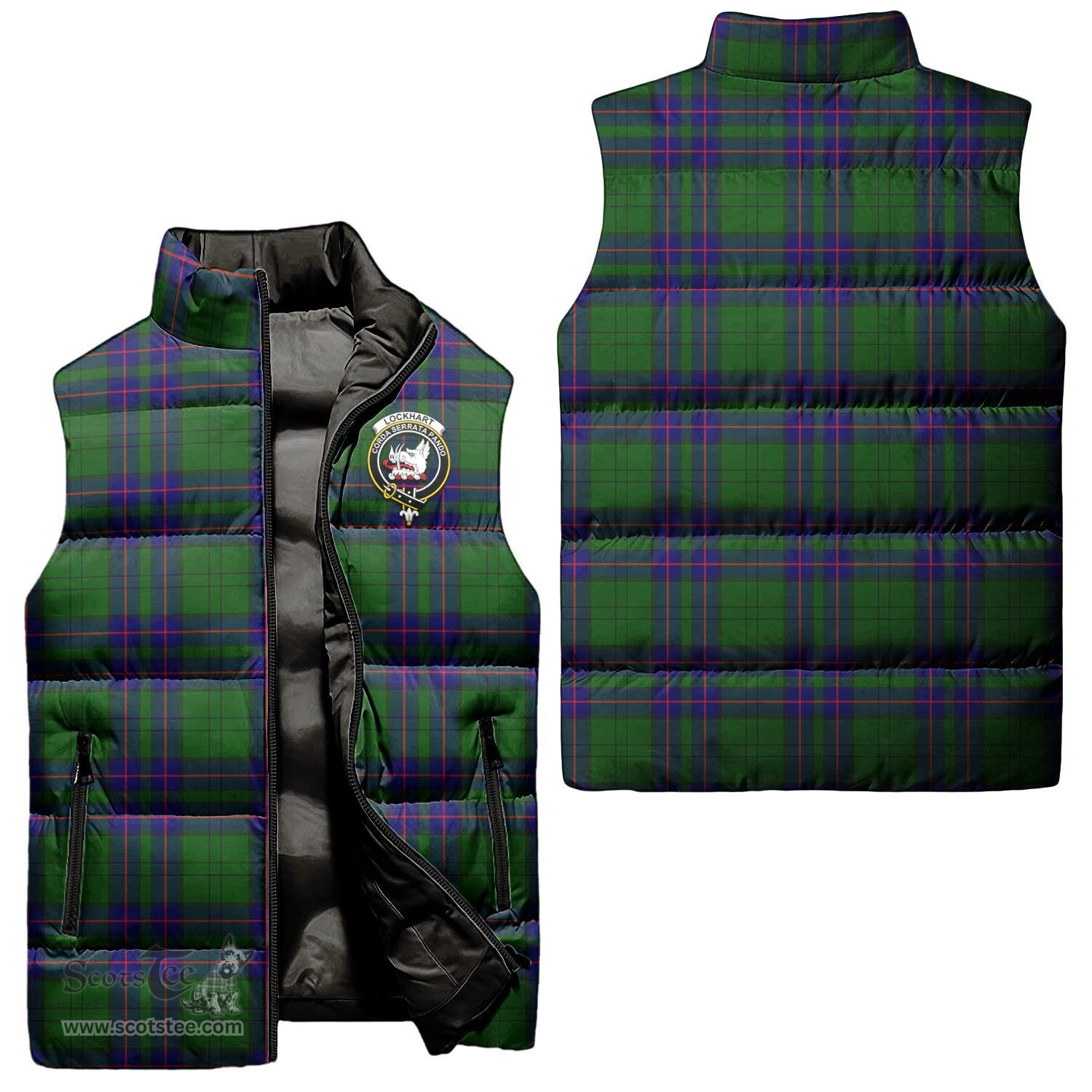Scottish Lockhart Modern Clan Tartan Puffer Vest, Family Crest Plaid Sleeveless Down Jacket Scottish Plaid Tartan Plaid - ScotsTee - scotstee.com