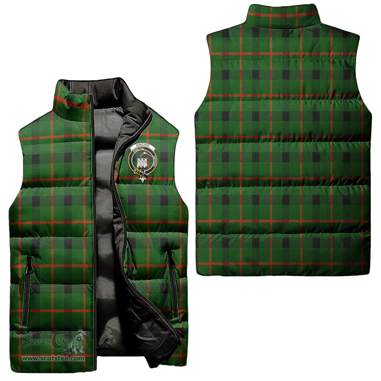 Scottish Kincaid Modern Clan Tartan Puffer Vest, Family Crest Plaid Sleeveless Down Jacket Scottish Plaid Tartan Plaid - ScotsTee - scotstee.com