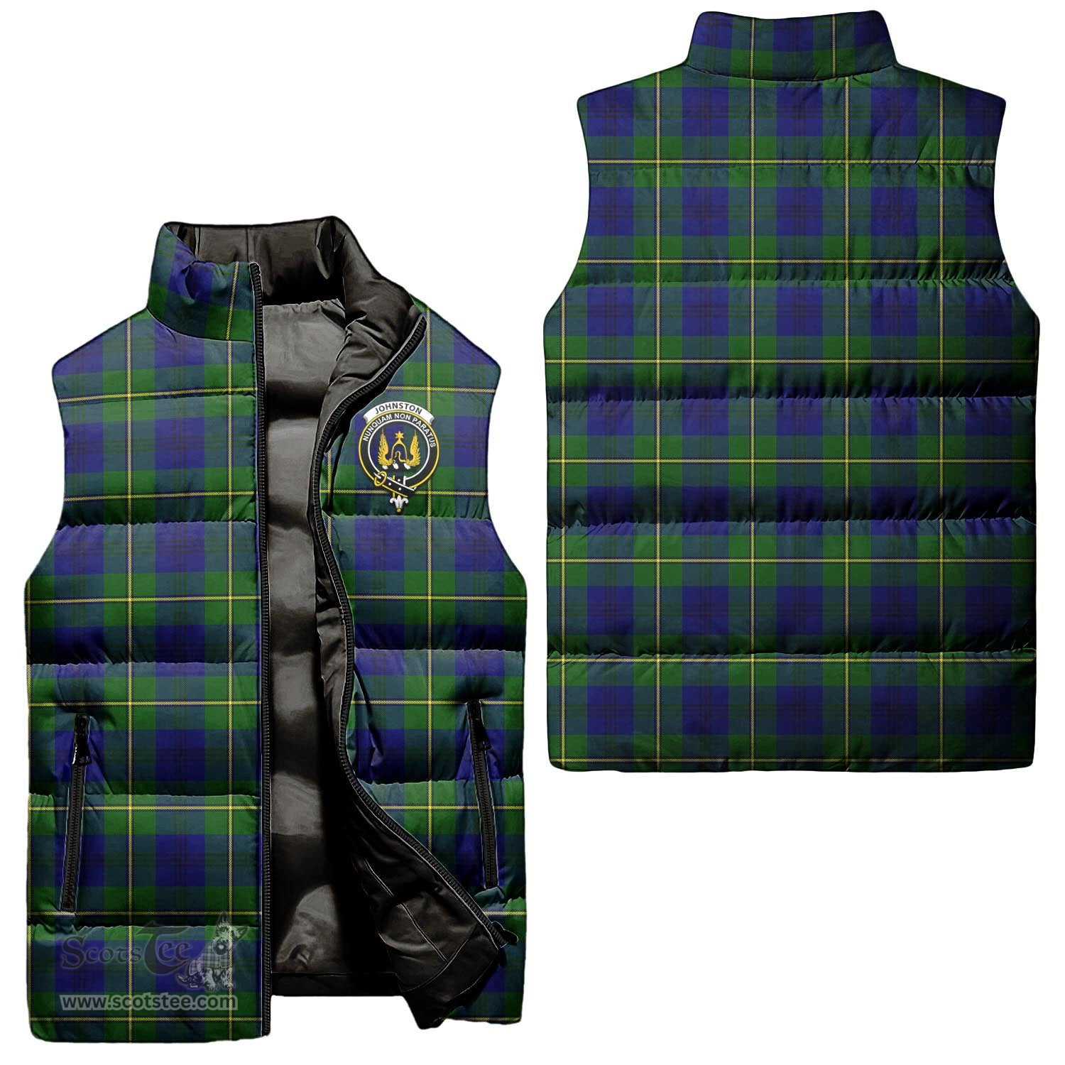 Scottish Johnston Modern Clan Tartan Puffer Vest, Family Crest Plaid Sleeveless Down Jacket Scottish Plaid Tartan Plaid - ScotsTee - scotstee.com