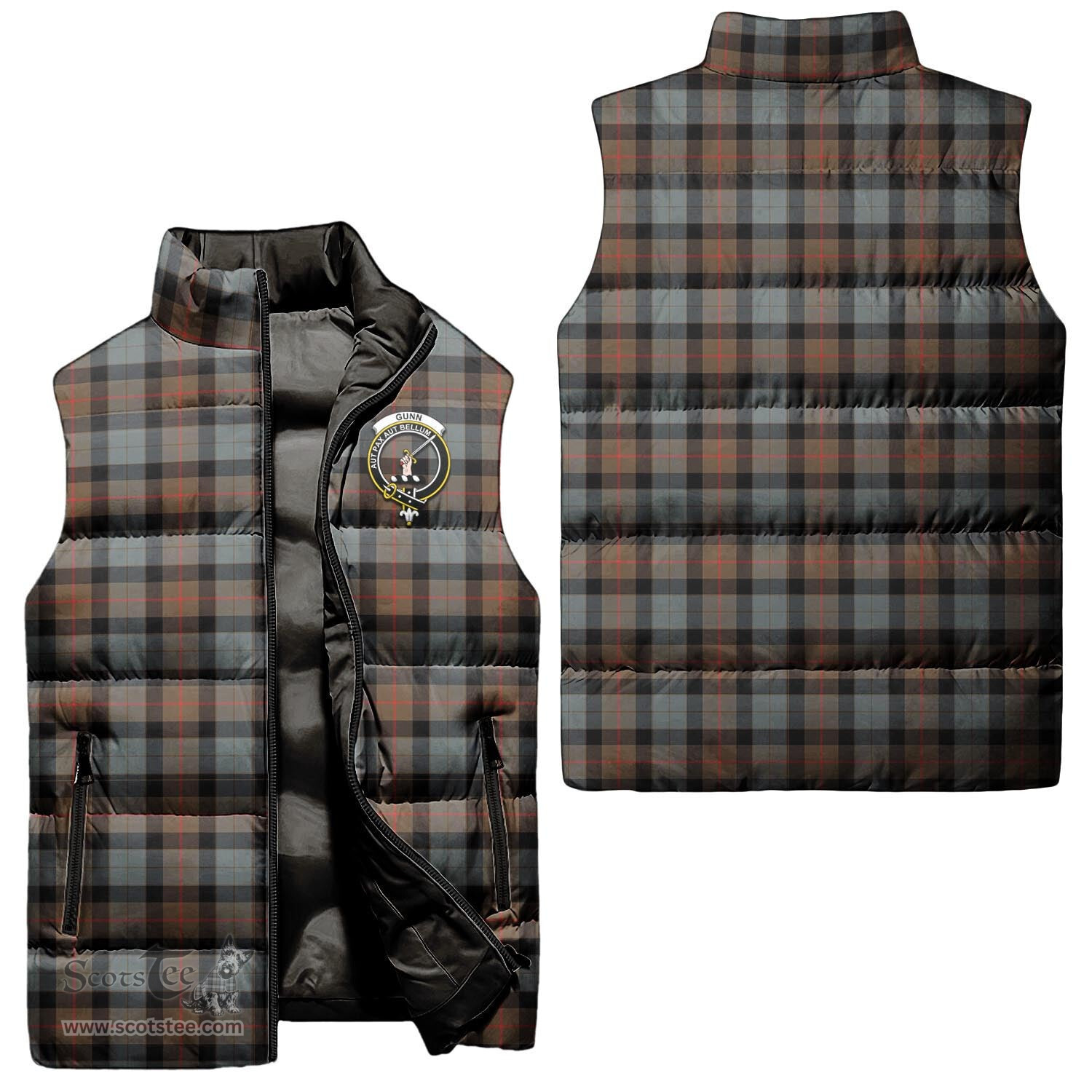 Scottish Gunn Weathered Clan Tartan Puffer Vest, Family Crest Plaid Sleeveless Down Jacket Scottish Plaid Tartan Plaid - ScotsTee - scotstee.com