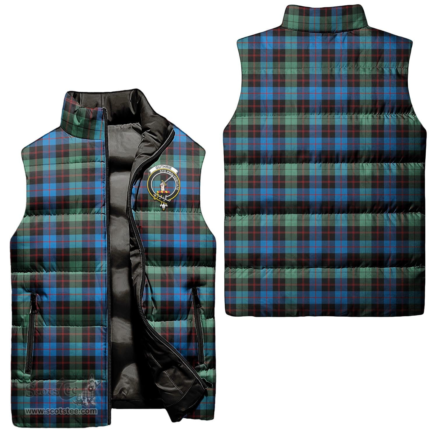 Scottish Guthrie Ancient Clan Tartan Puffer Vest, Family Crest Plaid Sleeveless Down Jacket Scottish Plaid Tartan Plaid - ScotsTee - scotstee.com