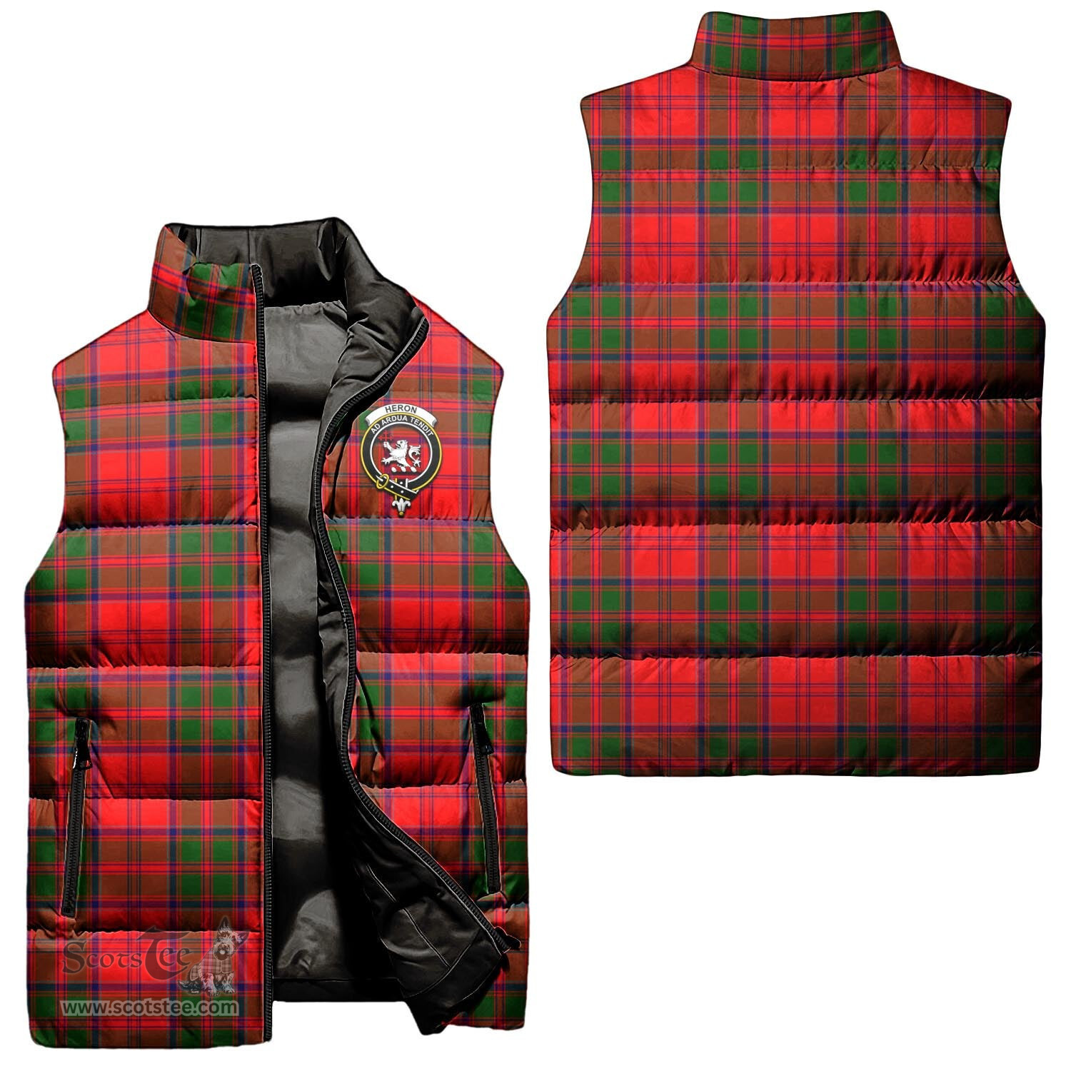 Scottish Heron Clan Tartan Puffer Vest, Family Crest Plaid Sleeveless Down Jacket Scottish Plaid Tartan Plaid - ScotsTee - scotstee.com