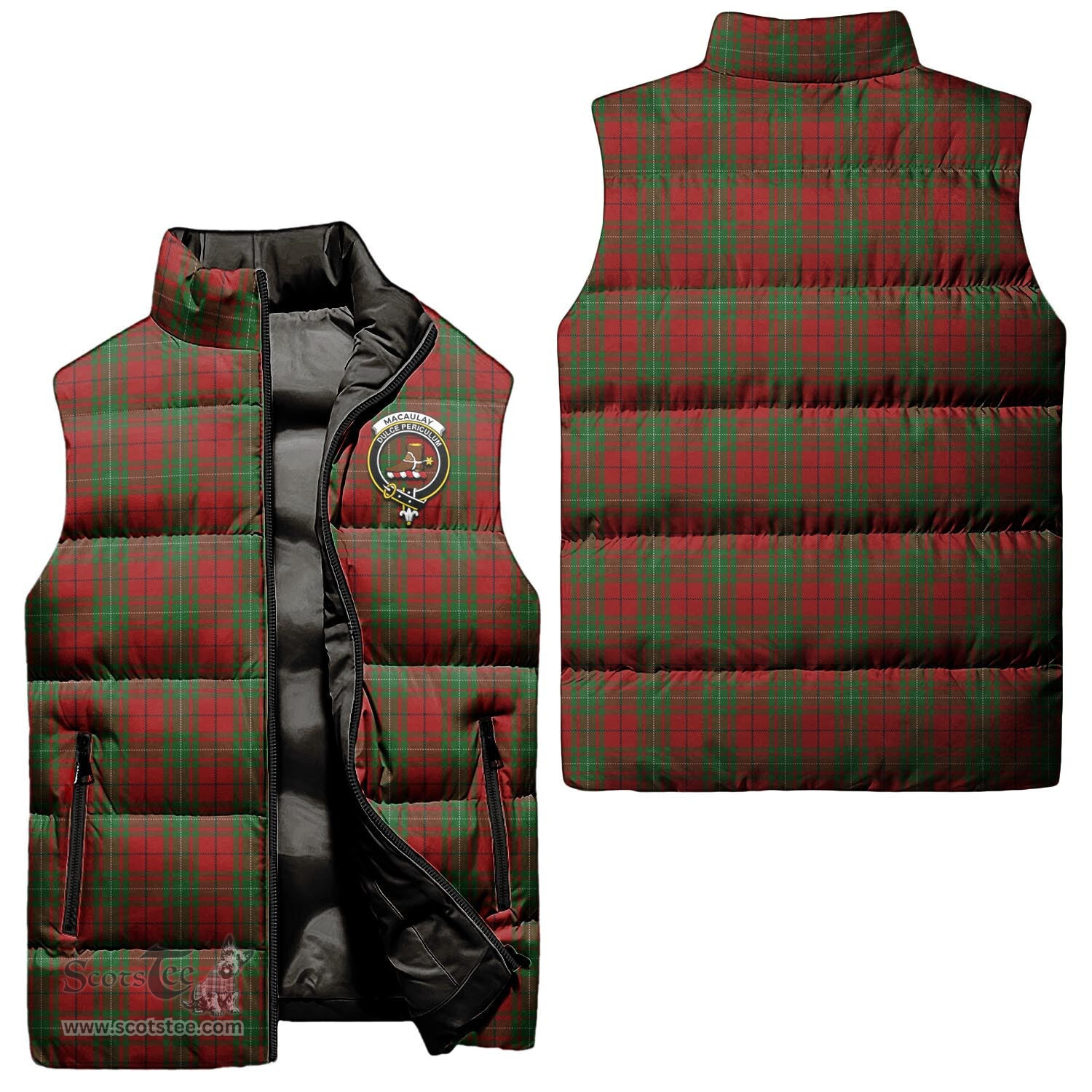 Scottish MacAulay Clan Tartan Puffer Vest, Family Crest Plaid Sleeveless Down Jacket Scottish Plaid Tartan Plaid - ScotsTee - scotstee.com