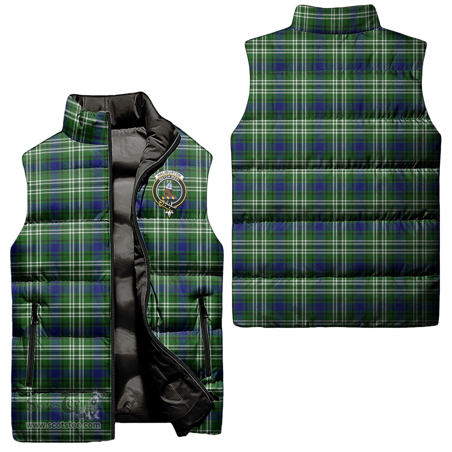 Scottish Haliburton Clan Tartan Puffer Vest, Family Crest Plaid Sleeveless Down Jacket Scottish Plaid Tartan Plaid - ScotsTee - scotstee.com