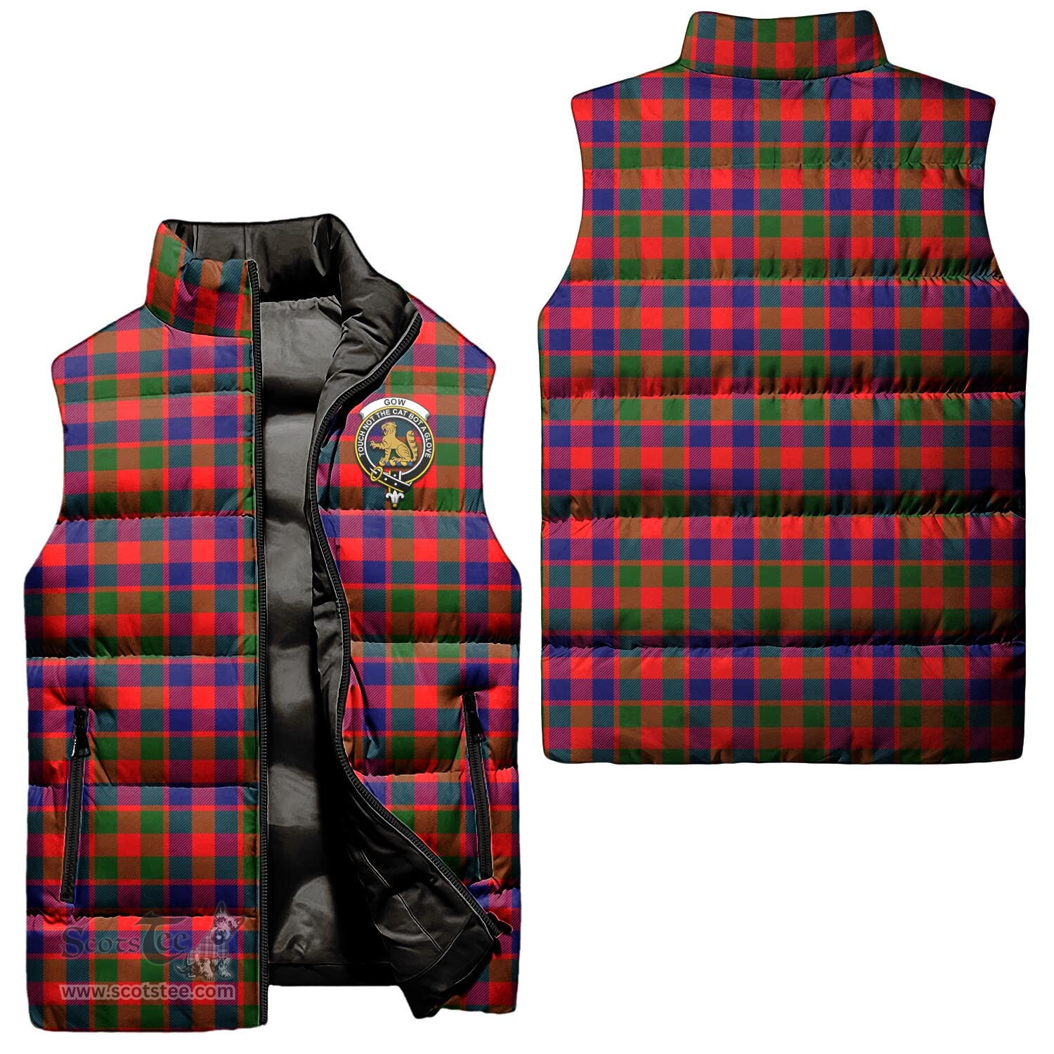 Scottish Gow Modern Clan Tartan Puffer Vest, Family Crest Plaid Sleeveless Down Jacket Scottish Plaid Tartan Plaid - ScotsTee - scotstee.com