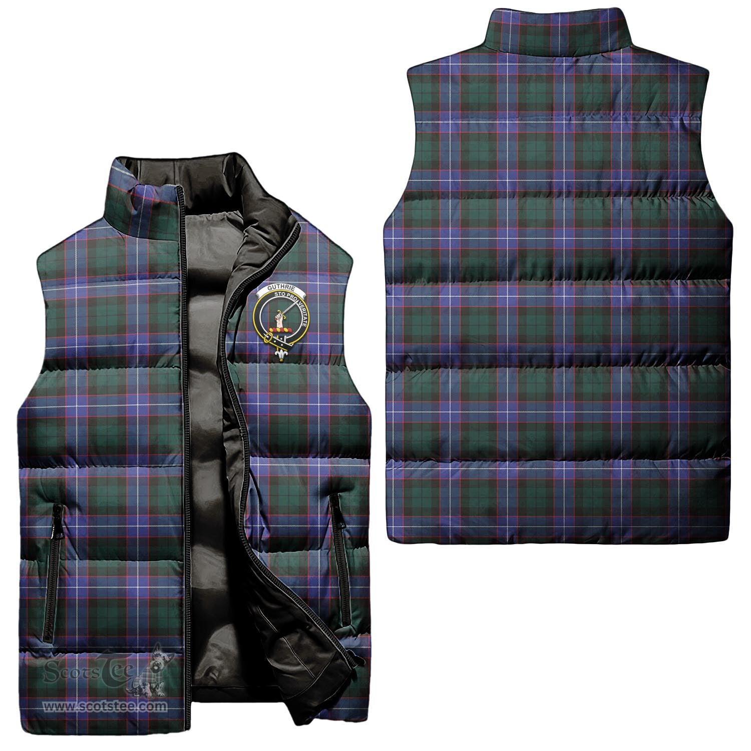 Scottish Guthrie Modern Clan Tartan Puffer Vest, Family Crest Plaid Sleeveless Down Jacket Scottish Plaid Tartan Plaid - ScotsTee - scotstee.com