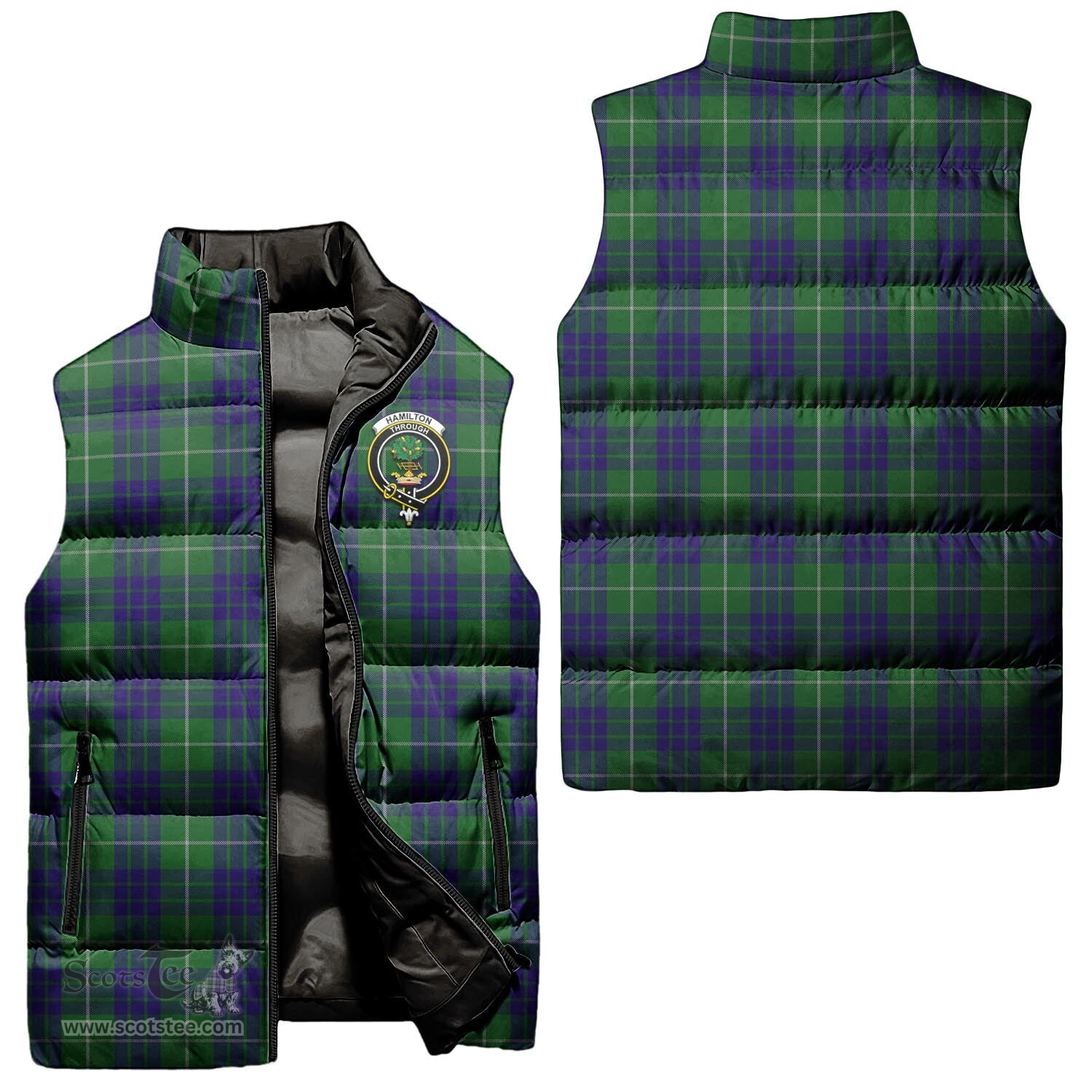Scottish Hamilton Green Hunting Clan Tartan Puffer Vest, Family Crest Plaid Sleeveless Down Jacket Scottish Plaid Tartan Plaid - ScotsTee - scotstee.com