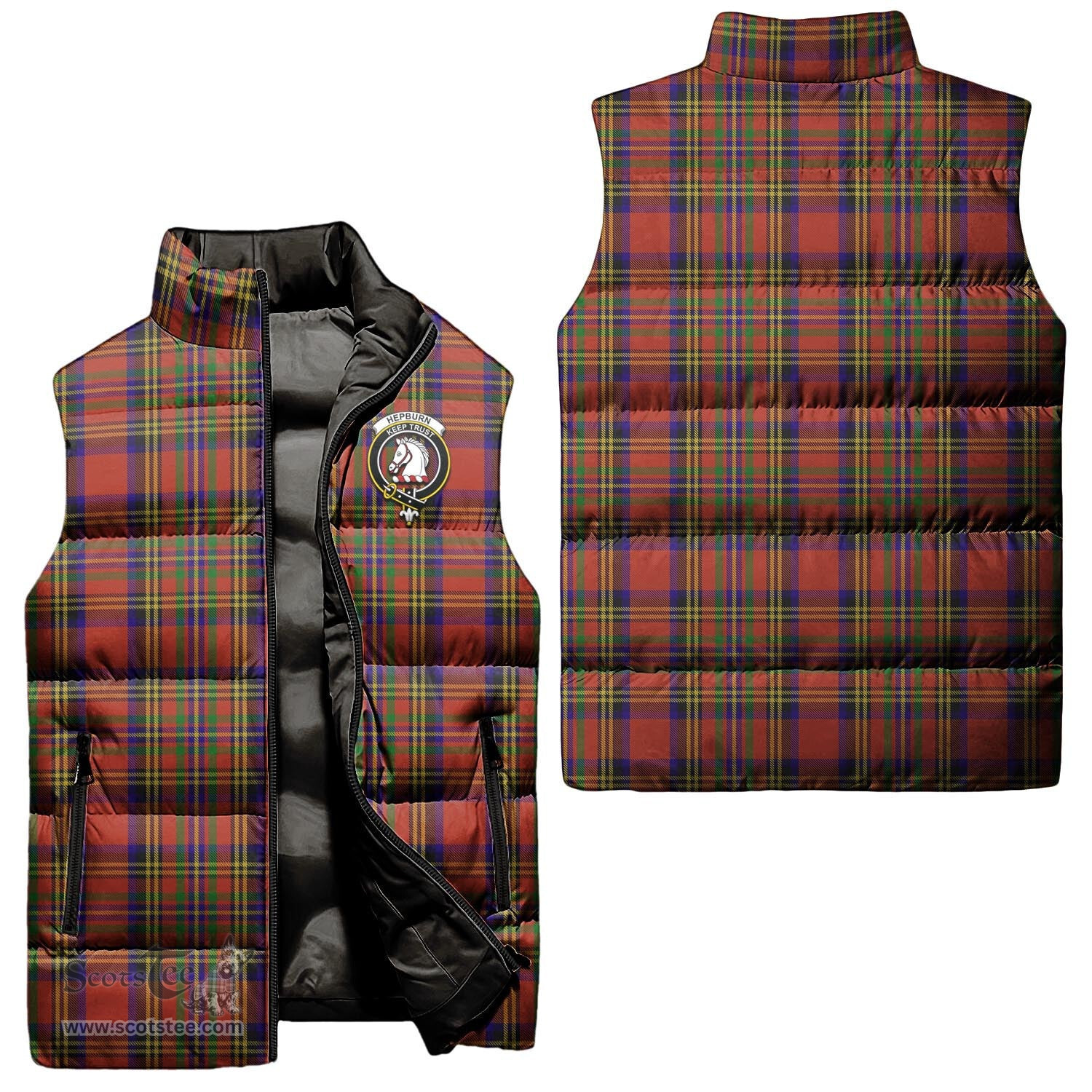 Scottish Hepburn Clan Tartan Puffer Vest, Family Crest Plaid Sleeveless Down Jacket Scottish Plaid Tartan Plaid - ScotsTee - scotstee.com