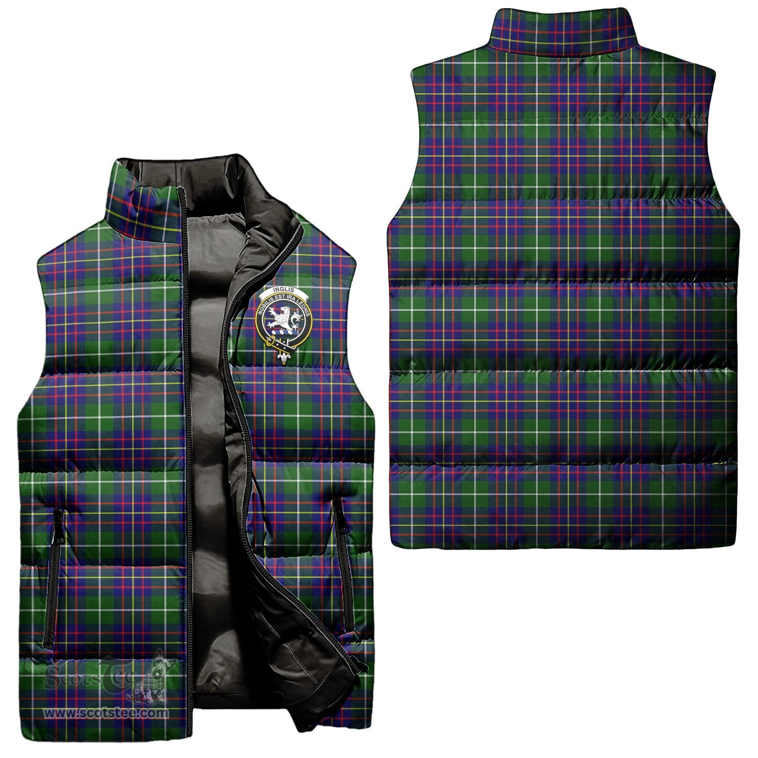 Scottish Inglis Modern Clan Tartan Puffer Vest, Family Crest Plaid Sleeveless Down Jacket Scottish Plaid Tartan Plaid - ScotsTee - scotstee.com