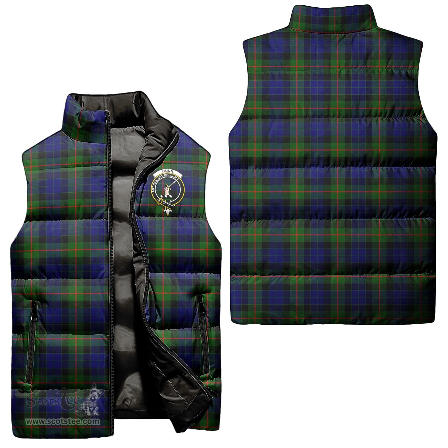 Scottish Gunn Modern Clan Tartan Puffer Vest, Family Crest Plaid Sleeveless Down Jacket Scottish Plaid Tartan Plaid - ScotsTee - scotstee.com