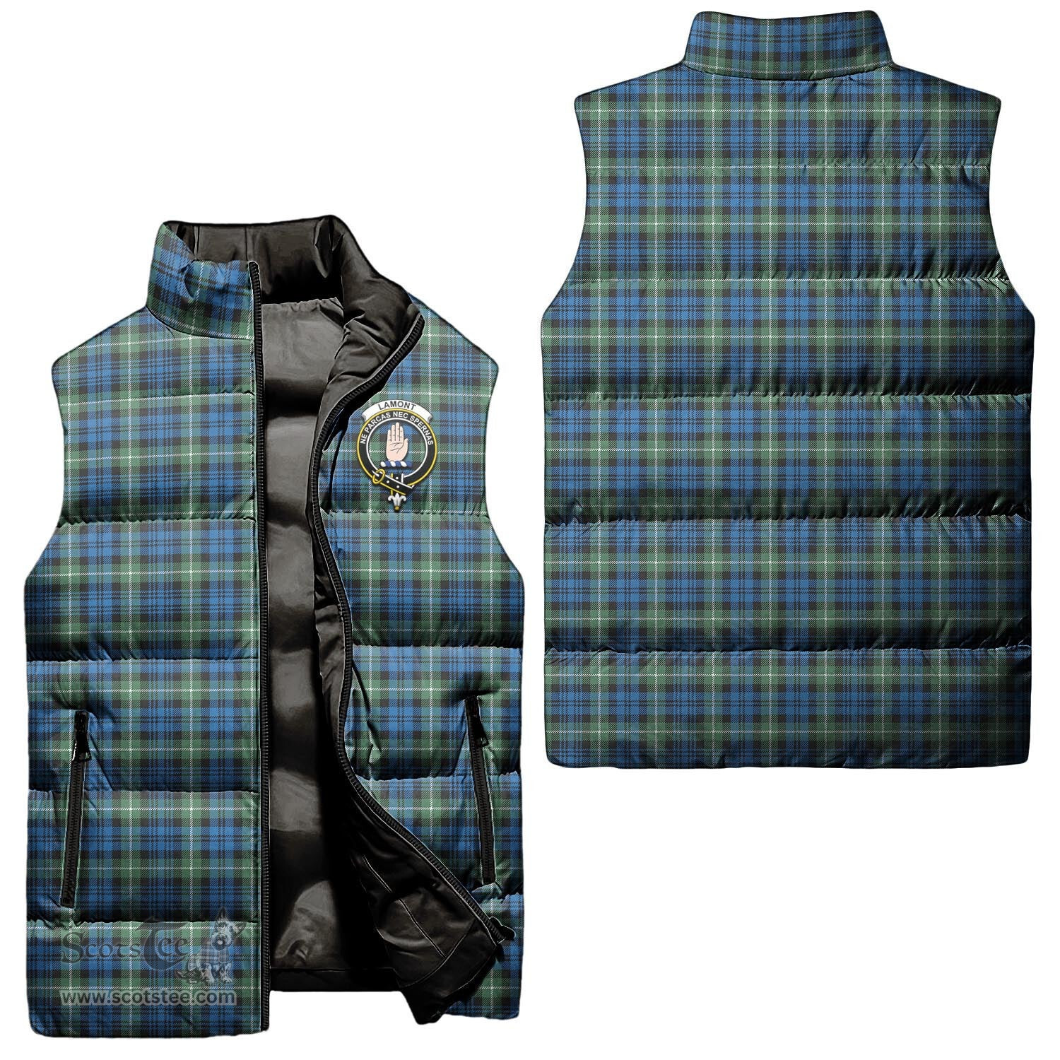 Scottish Lamont Ancient Clan Tartan Puffer Vest, Family Crest Plaid Sleeveless Down Jacket Scottish Plaid Tartan Plaid - ScotsTee - scotstee.com