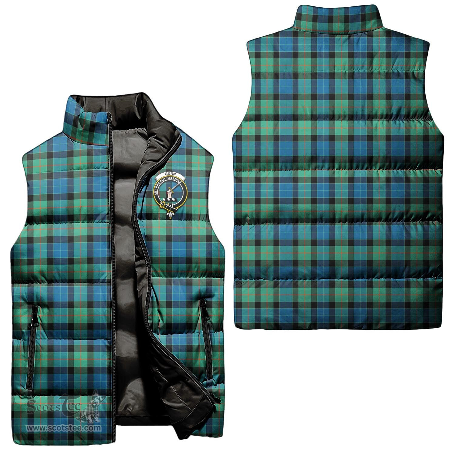Scottish Gunn Ancient Clan Tartan Puffer Vest, Family Crest Plaid Sleeveless Down Jacket Scottish Plaid Tartan Plaid - ScotsTee - scotstee.com