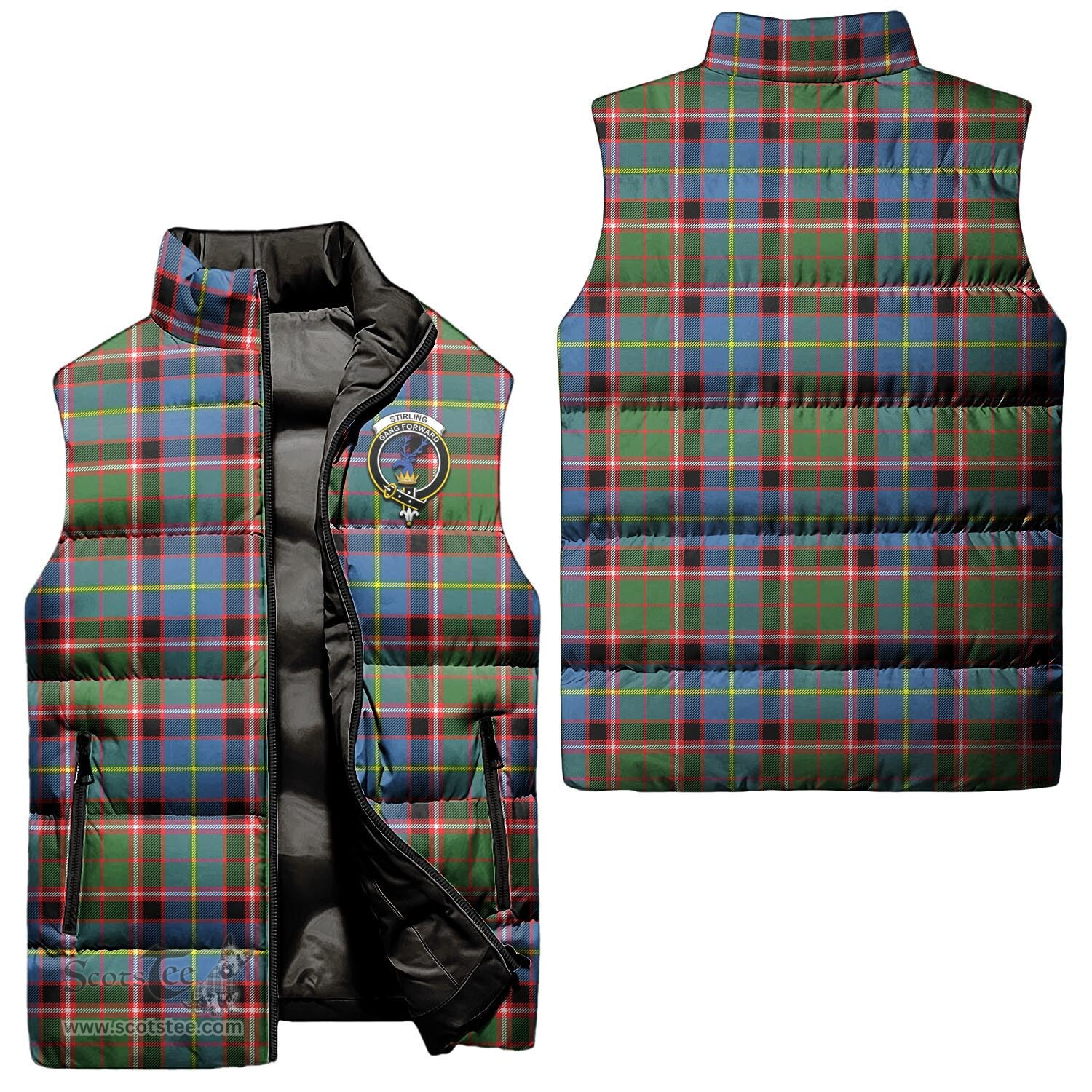 Scottish Stirling Bannockburn Clan Tartan Puffer Vest, Family Crest Plaid Sleeveless Down Jacket Scottish Plaid Tartan Plaid - ScotsTee - scotstee.com