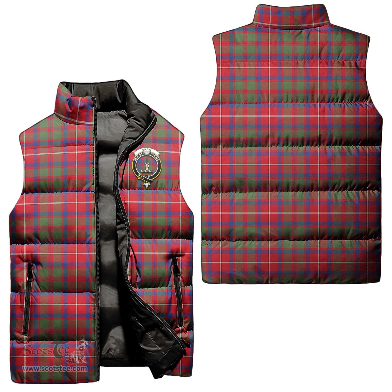 Scottish Shaw Red Modern Clan Tartan Puffer Vest, Family Crest Plaid Sleeveless Down Jacket Scottish Plaid Tartan Plaid - ScotsTee - scotstee.com