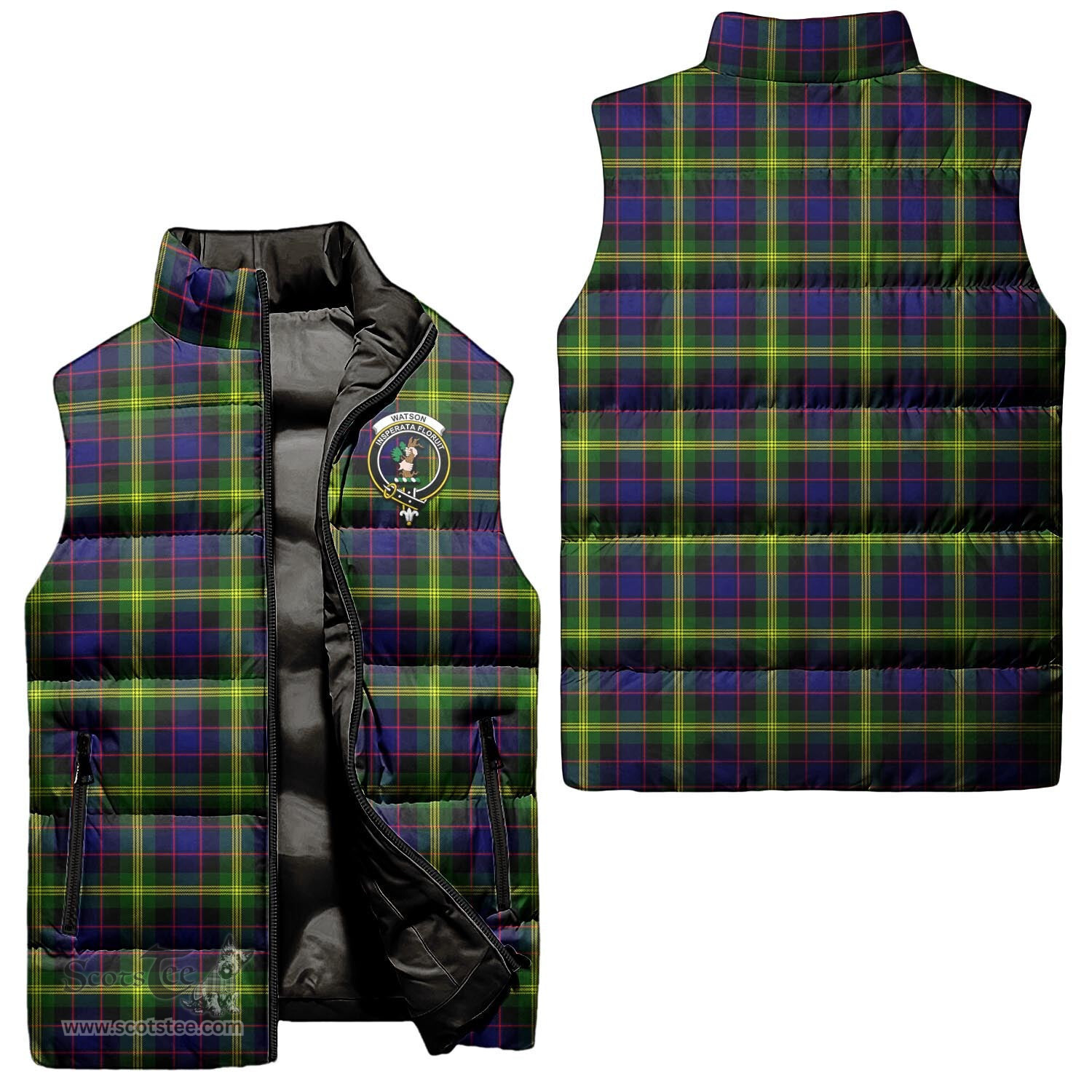 Scottish Watson Modern Clan Tartan Puffer Vest, Family Crest Plaid Sleeveless Down Jacket Scottish Plaid Tartan Plaid - ScotsTee - scotstee.com