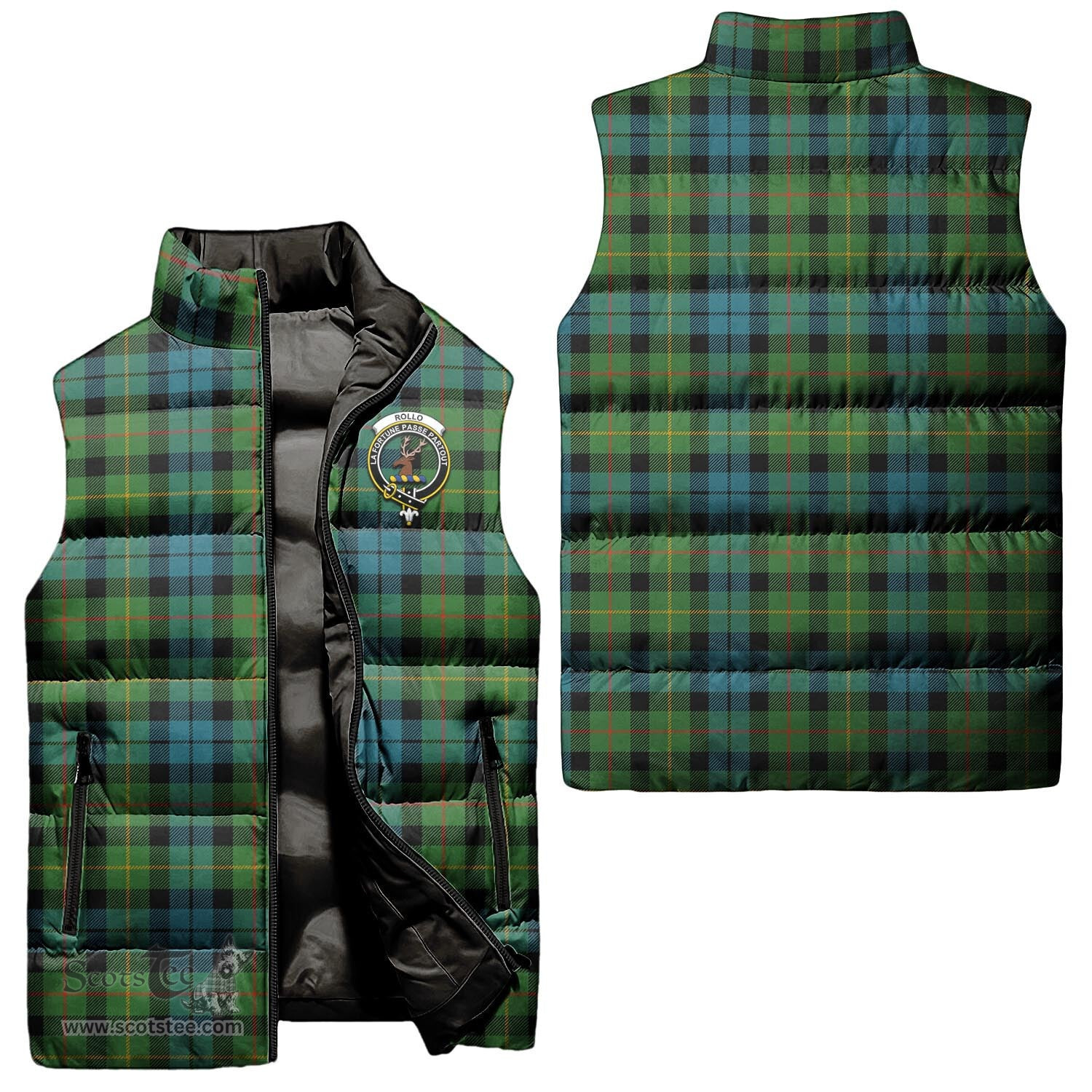 Scottish Rollo Ancient Clan Tartan Puffer Vest, Family Crest Plaid Sleeveless Down Jacket Scottish Plaid Tartan Plaid - ScotsTee - scotstee.com