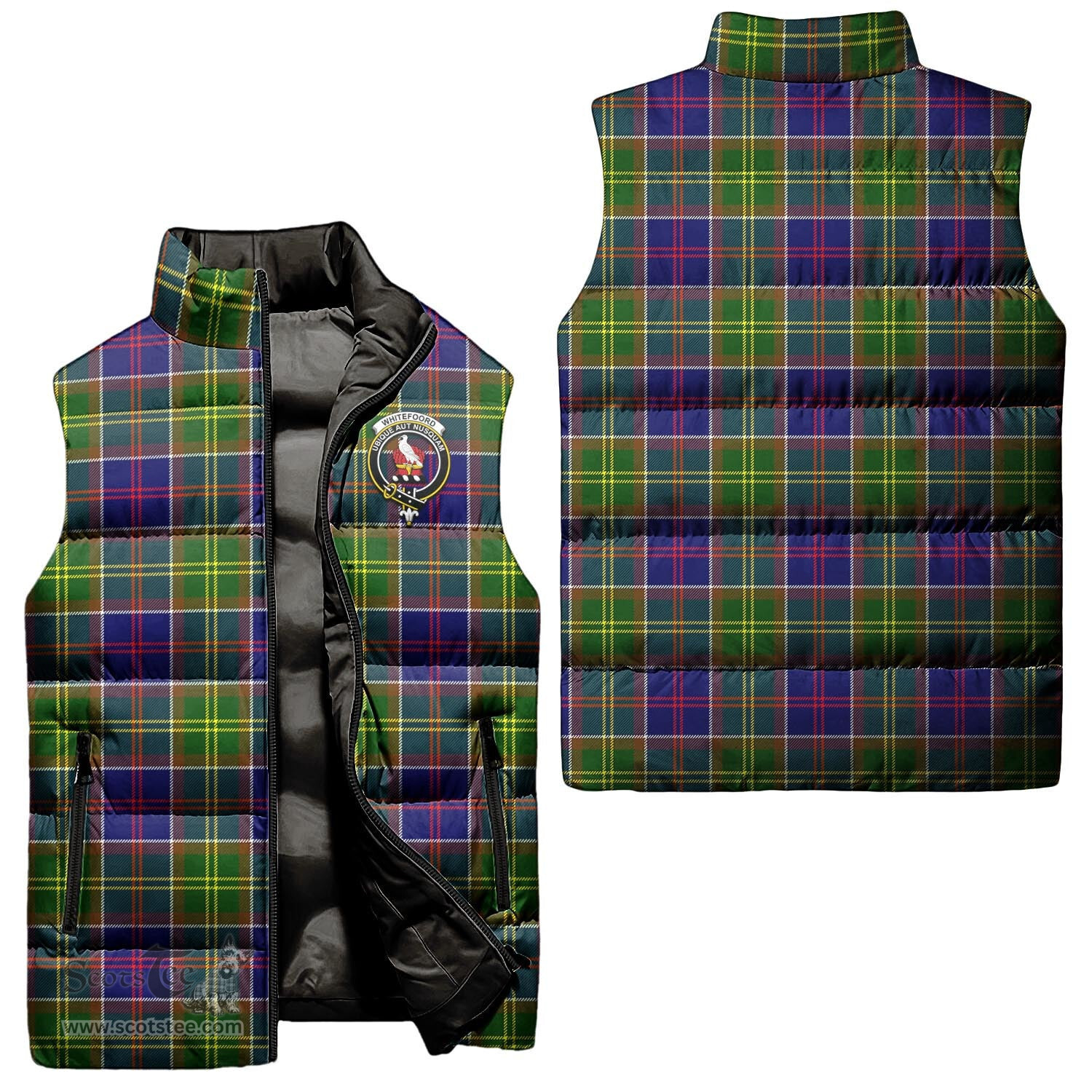 Scottish Whitefoord Modern Clan Tartan Puffer Vest, Family Crest Plaid Sleeveless Down Jacket Scottish Plaid Tartan Plaid - ScotsTee - scotstee.com