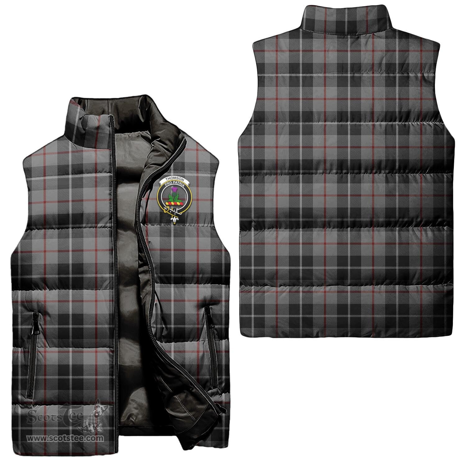 Scottish Thompson Grey Clan Tartan Puffer Vest, Family Crest Plaid Sleeveless Down Jacket Scottish Plaid Tartan Plaid - ScotsTee - scotstee.com