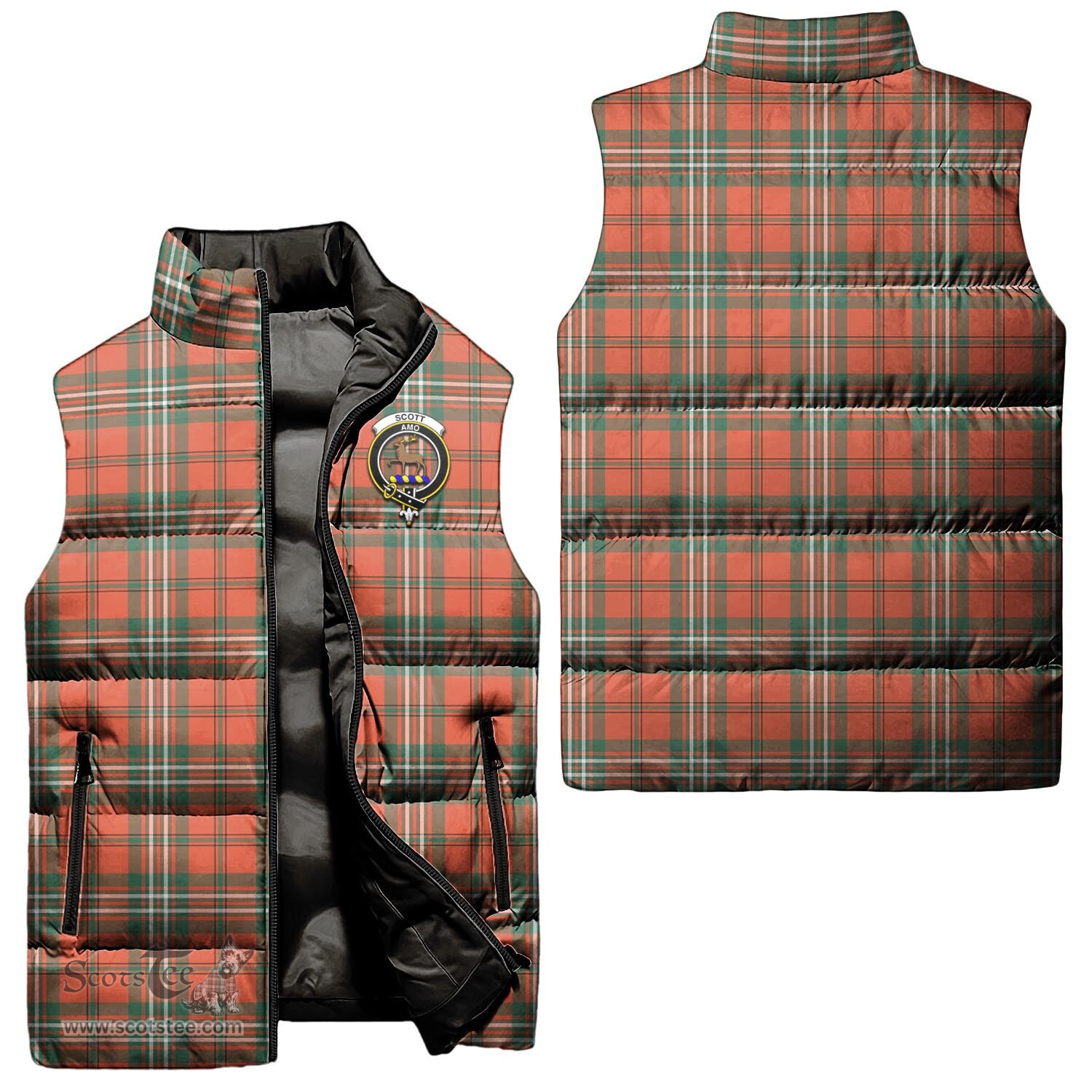 Scottish Scott Ancient Clan Tartan Puffer Vest, Family Crest Plaid Sleeveless Down Jacket Scottish Plaid Tartan Plaid - ScotsTee - scotstee.com