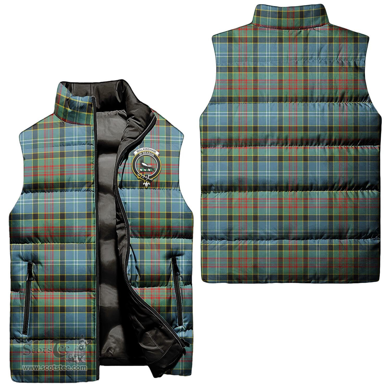Scottish Walkinshaw Clan Tartan Puffer Vest, Family Crest Plaid Sleeveless Down Jacket Scottish Plaid Tartan Plaid - ScotsTee - scotstee.com