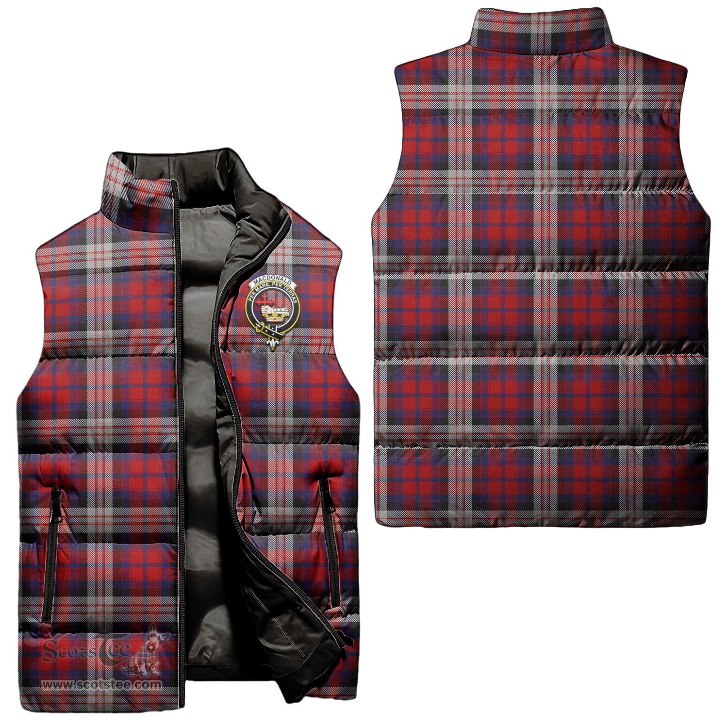 Scottish MacDonald Dress Irish Clan Tartan Puffer Vest, Family Crest Plaid Sleeveless Down Jacket Scottish Plaid Tartan Plaid - ScotsTee - scotstee.com